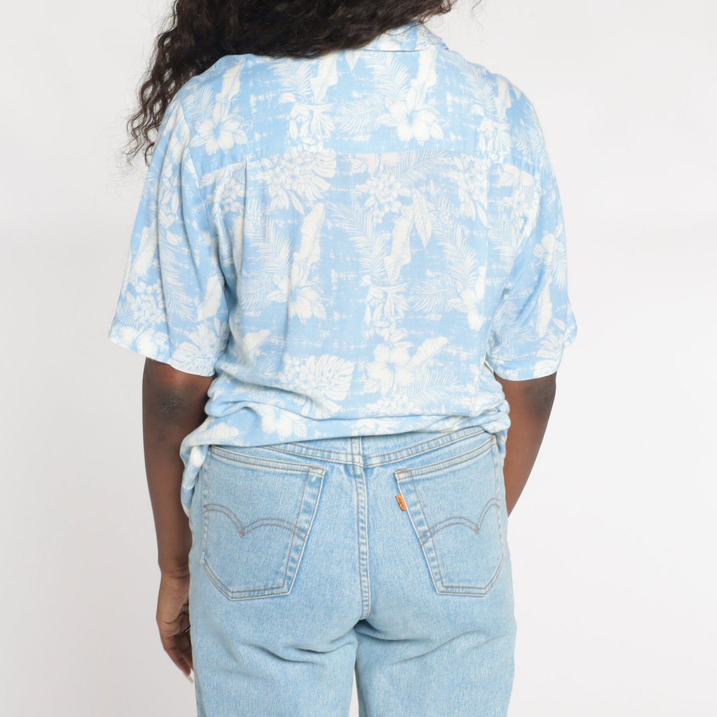 Y2K Blue Hawaiian Shirt Tropical Floral Leaf Print Button Up Small S