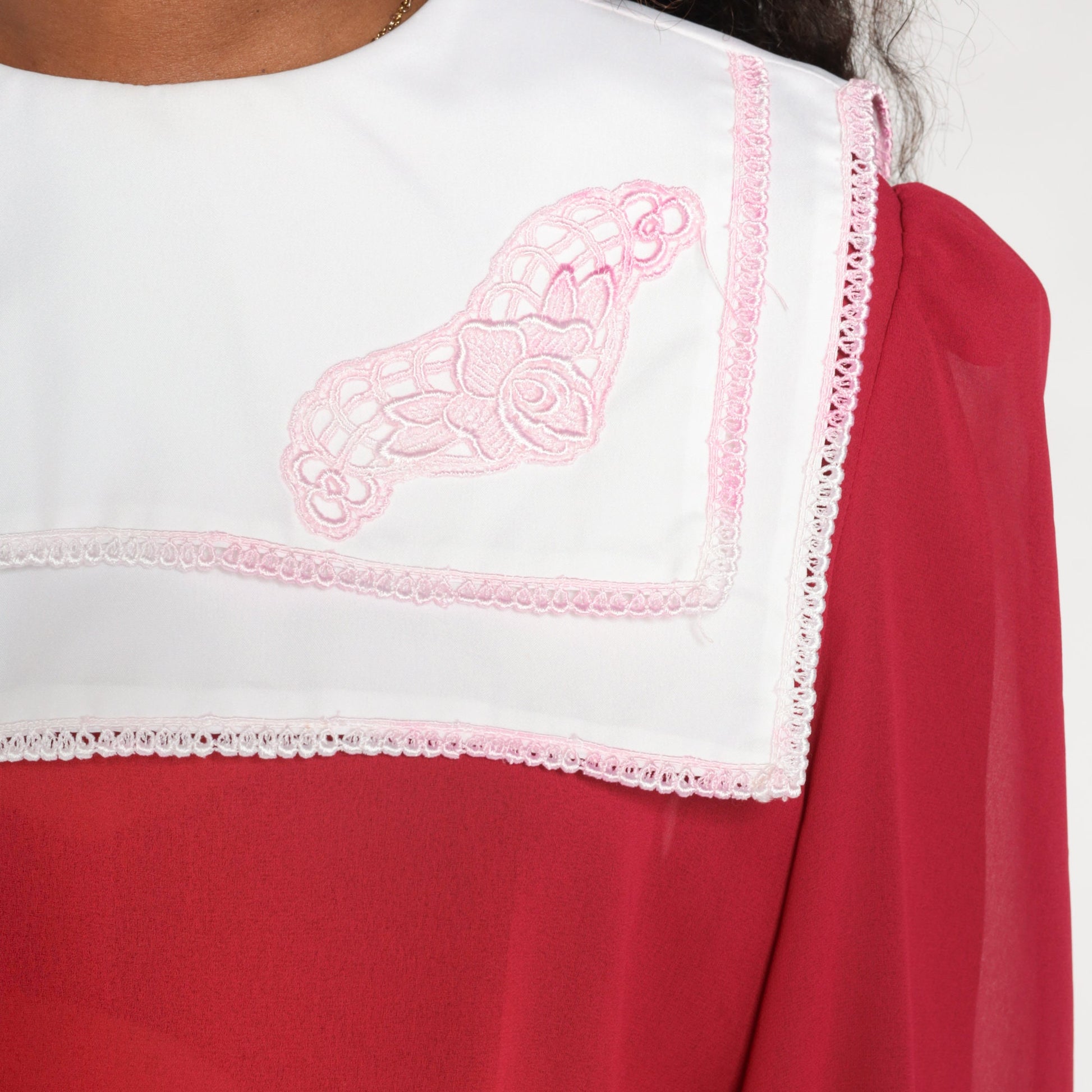 80s Red Sheer Midi Dress White Floral Embroidered Bib Puff Sleeve Small Medium