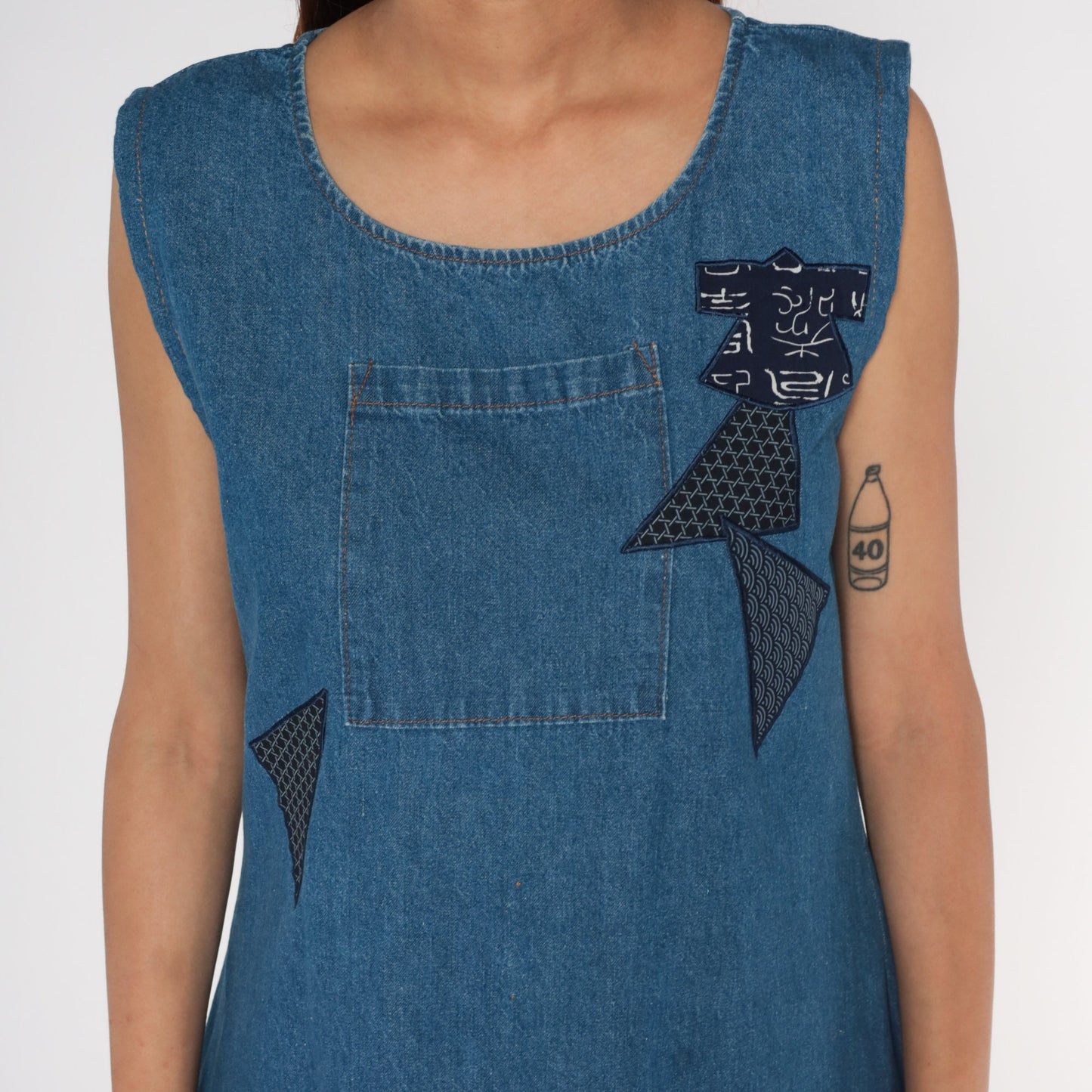 90s Blue Denim Midi Dress Asian Patch Sleeveless Flared Medium M