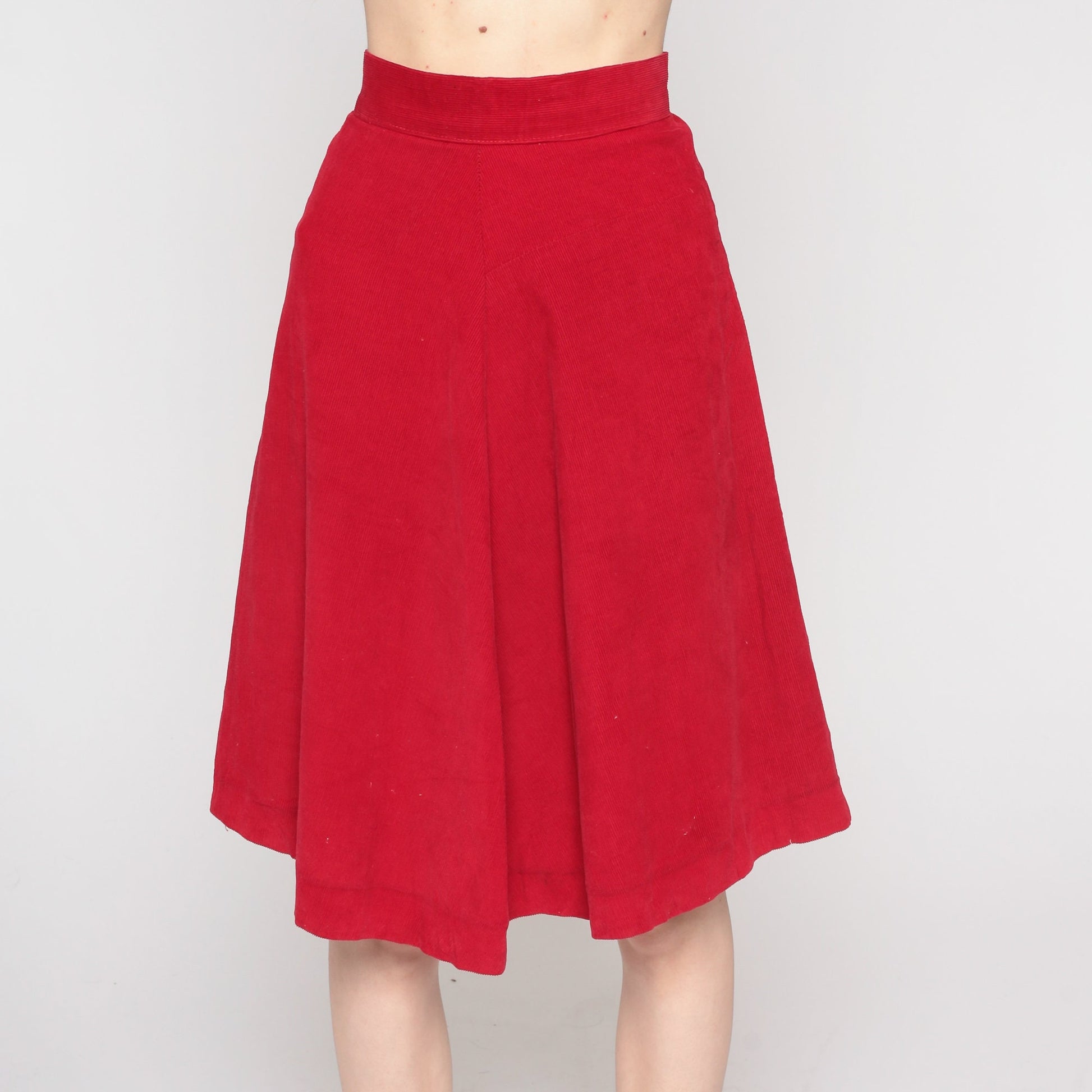 60s Red Corduroy Midi Skirt High Waisted Flared A-Line XXS
