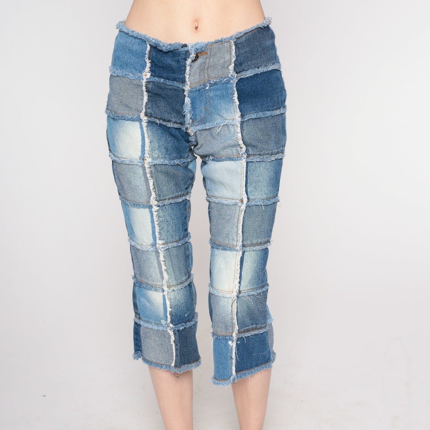Y2K Patchwork Cropped Jeans Blue Low Rise Capri Denim Extra Small XS
