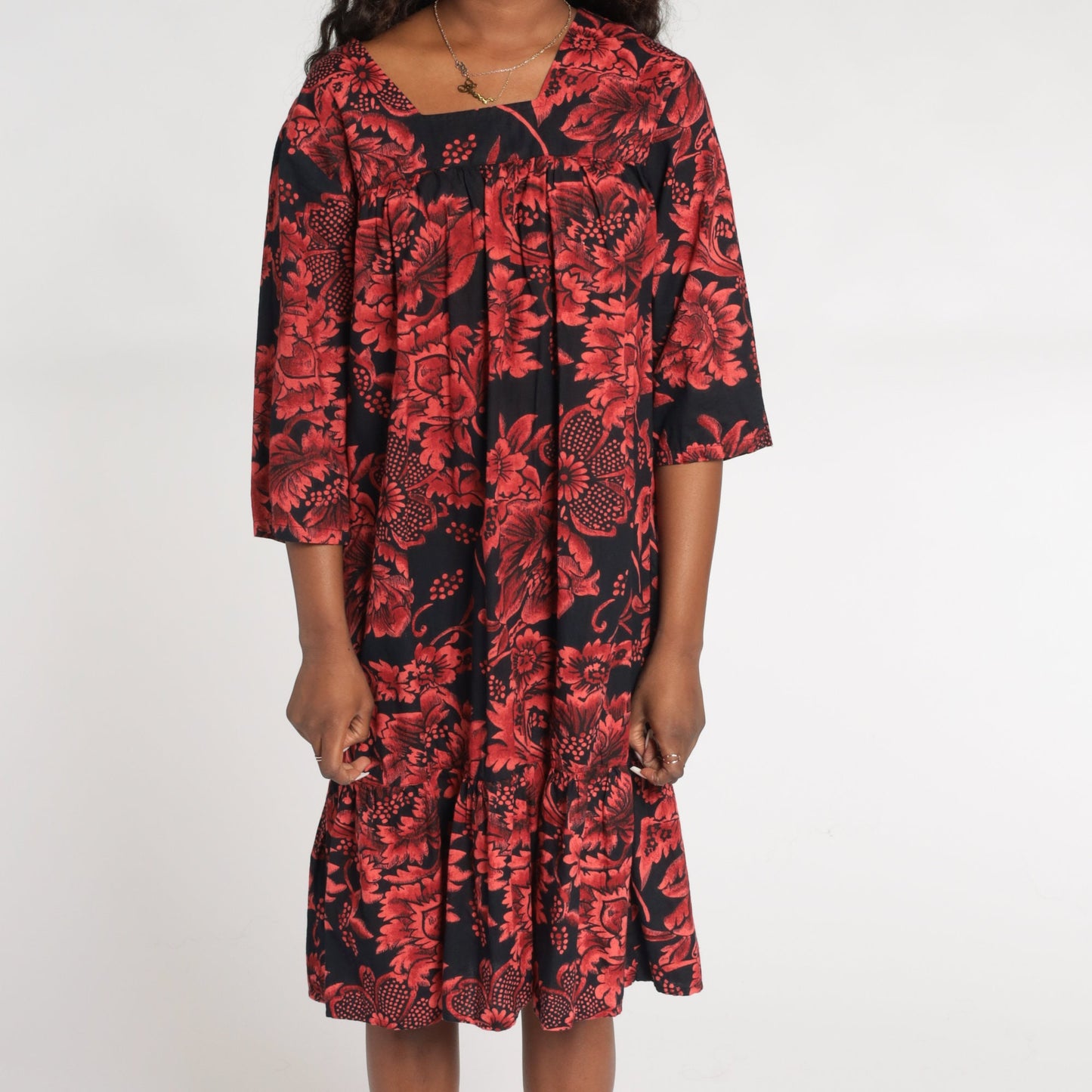 90s Black Red Floral Tent Dress Knee Length Cotton 3/4 Sleeve Medium M