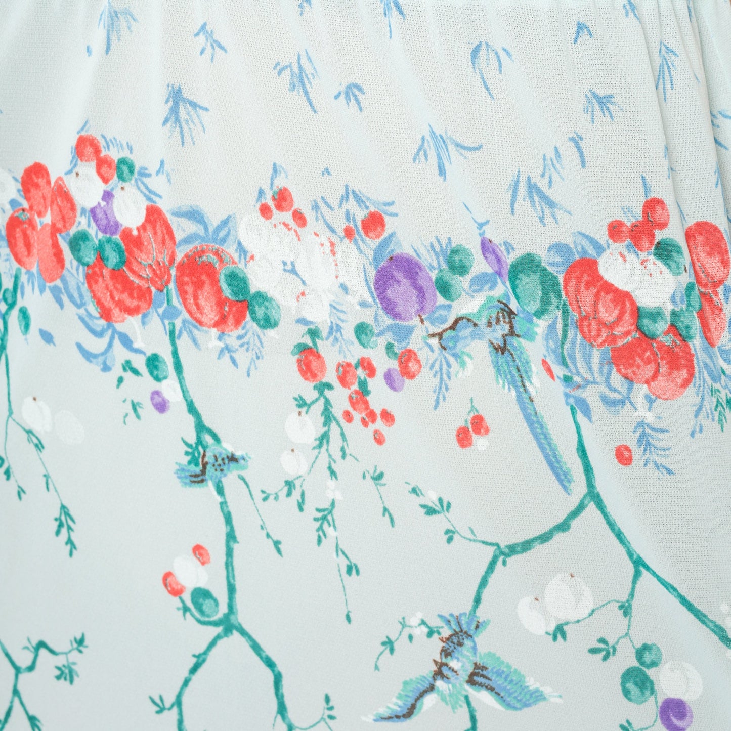 70s Baby Blue Floral Midi Dress Asian Inspired Bird Branch Print Sleeveless Small