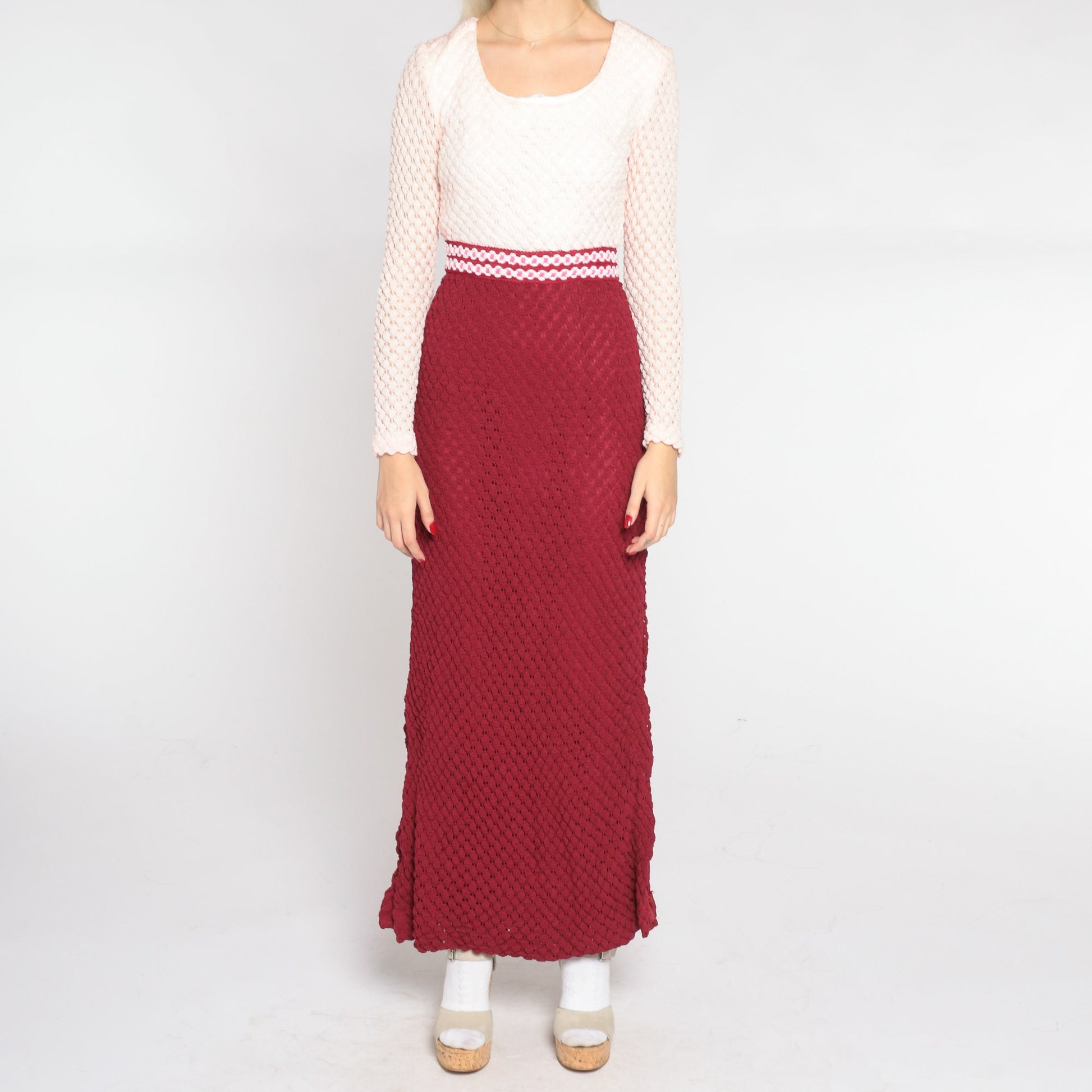 70s Crochet Maxi Dress Burgundy White High Waist Long Sleeve Small