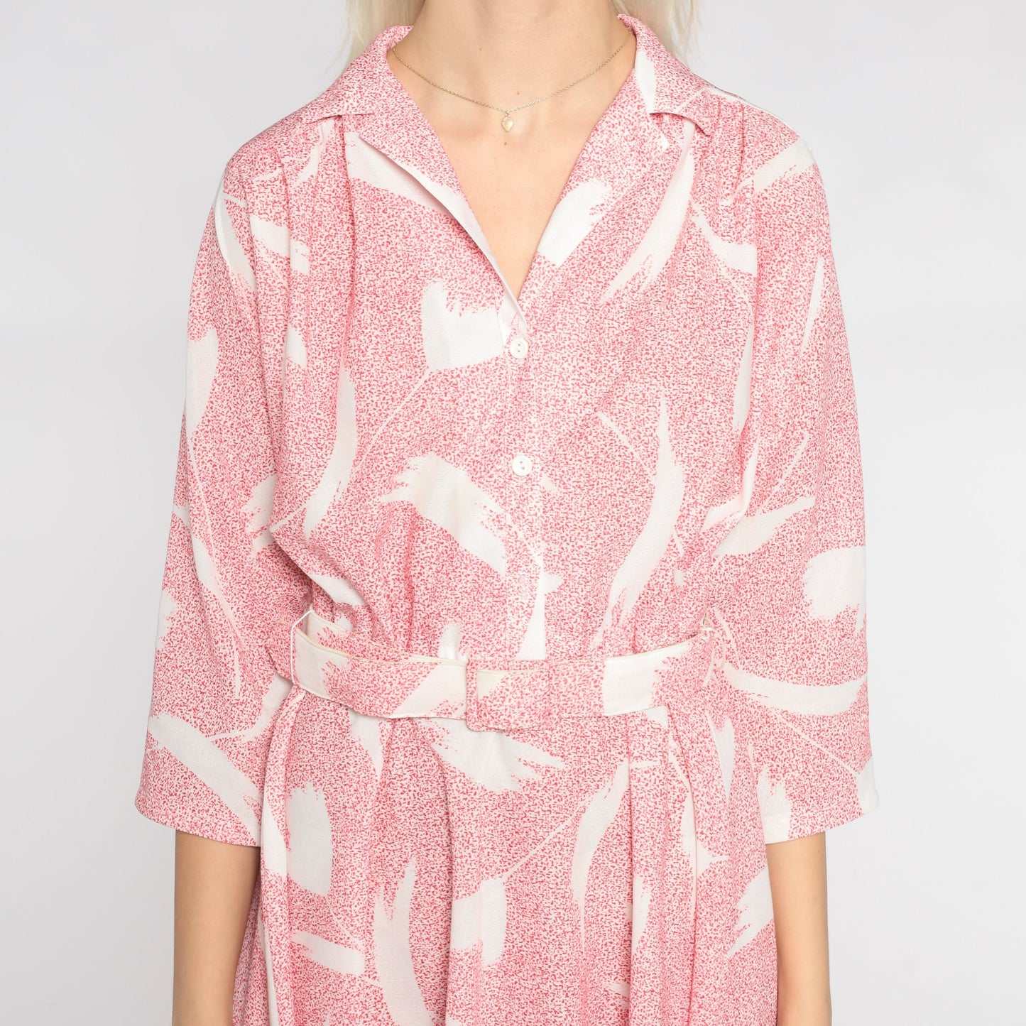 80s Red White Abstract Floral Midi Shirtwaist Dress Collared 3/4 Sleeve Medium Large