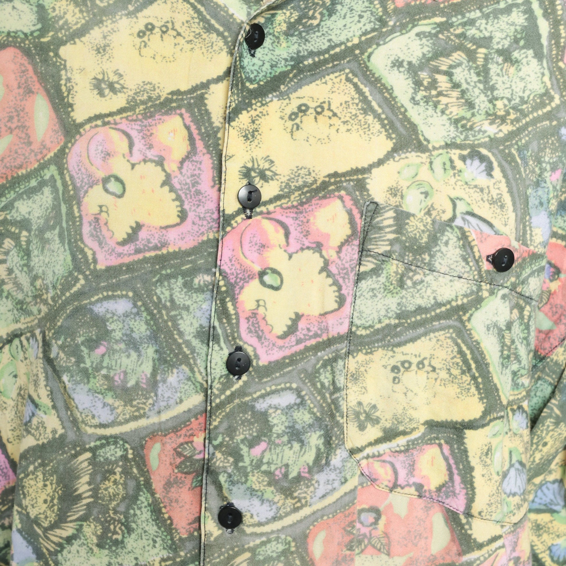 90s Abstract Floral Button-Up Shirt Long Sleeve Collared Green Yellow Pink Medium
