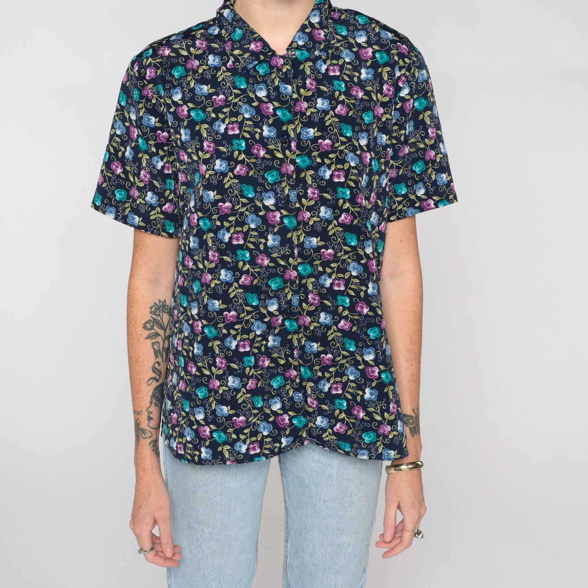 00s Floral Button Up Blouse Navy Short Sleeve Shoulder Pad Top Medium