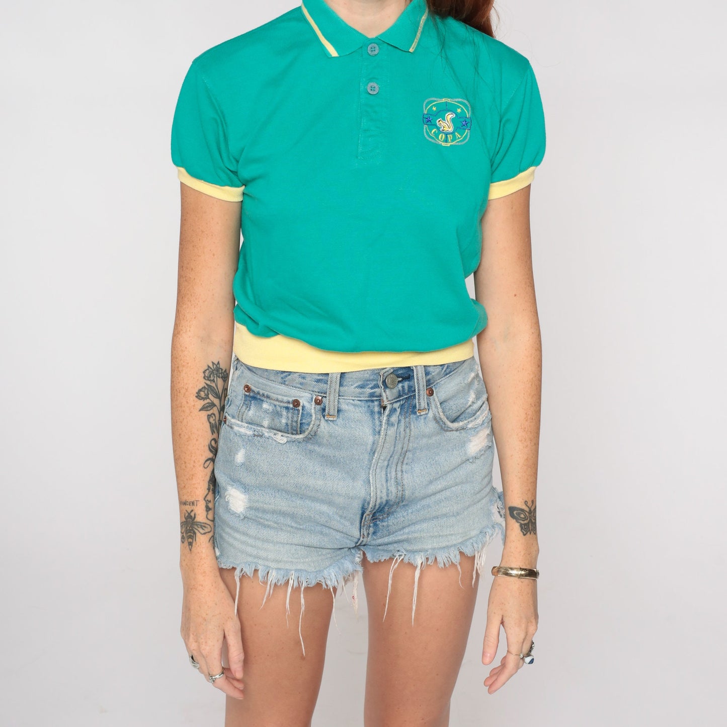 90s Green Polo Shirt Squirrel Copa Crest Cropped Quarter Button Short Sleeve Extra Small