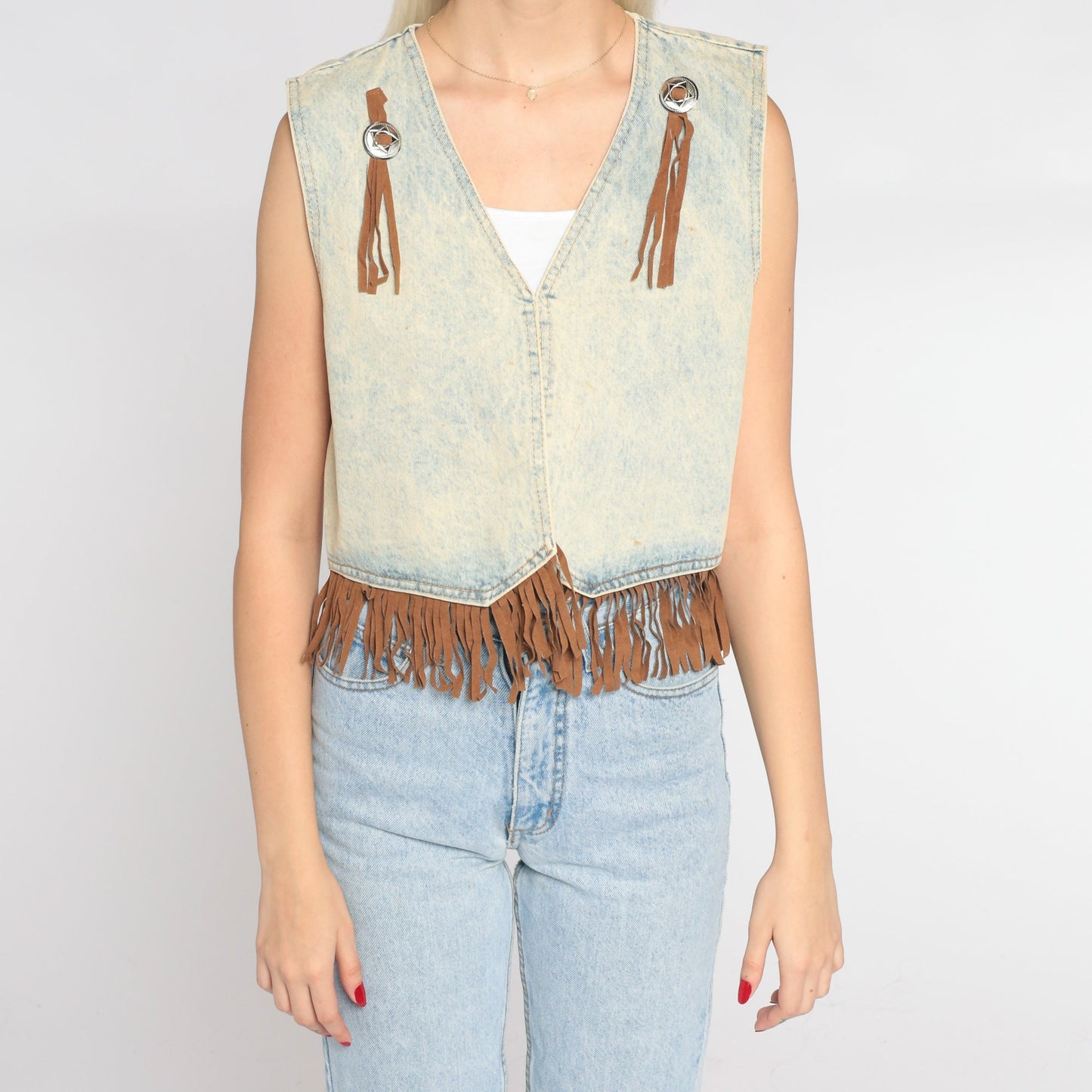 90s Acid Wash Denim Vest Brown Fringe Concho Open Front Cropped Small