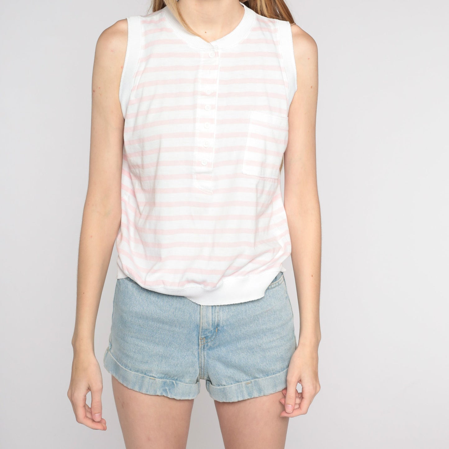 80s Pink White Striped Tank Top Cotton Henley Pocket Small