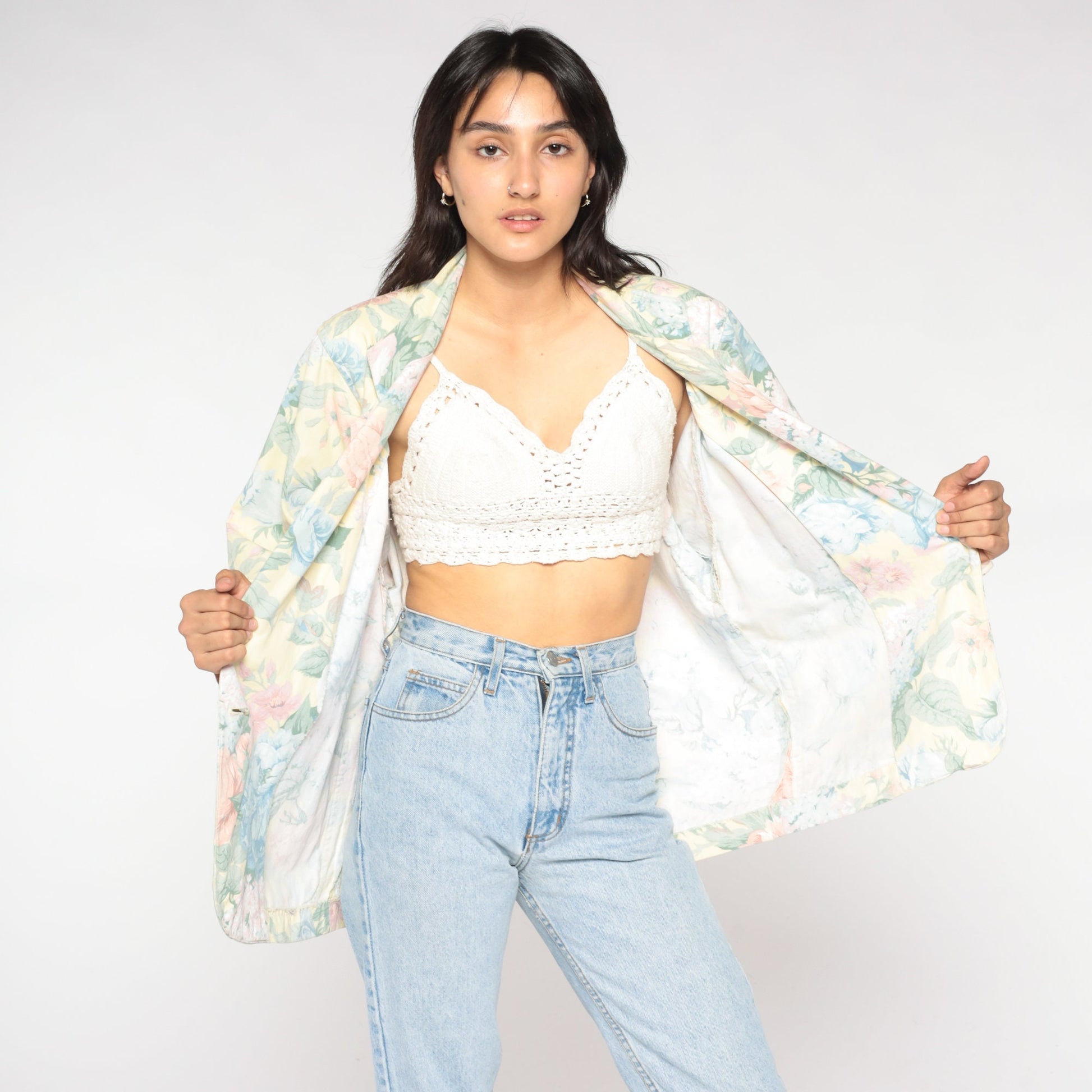 90s Floral Blazer Yellow Pastel Flower Print Single Button Jacket Large