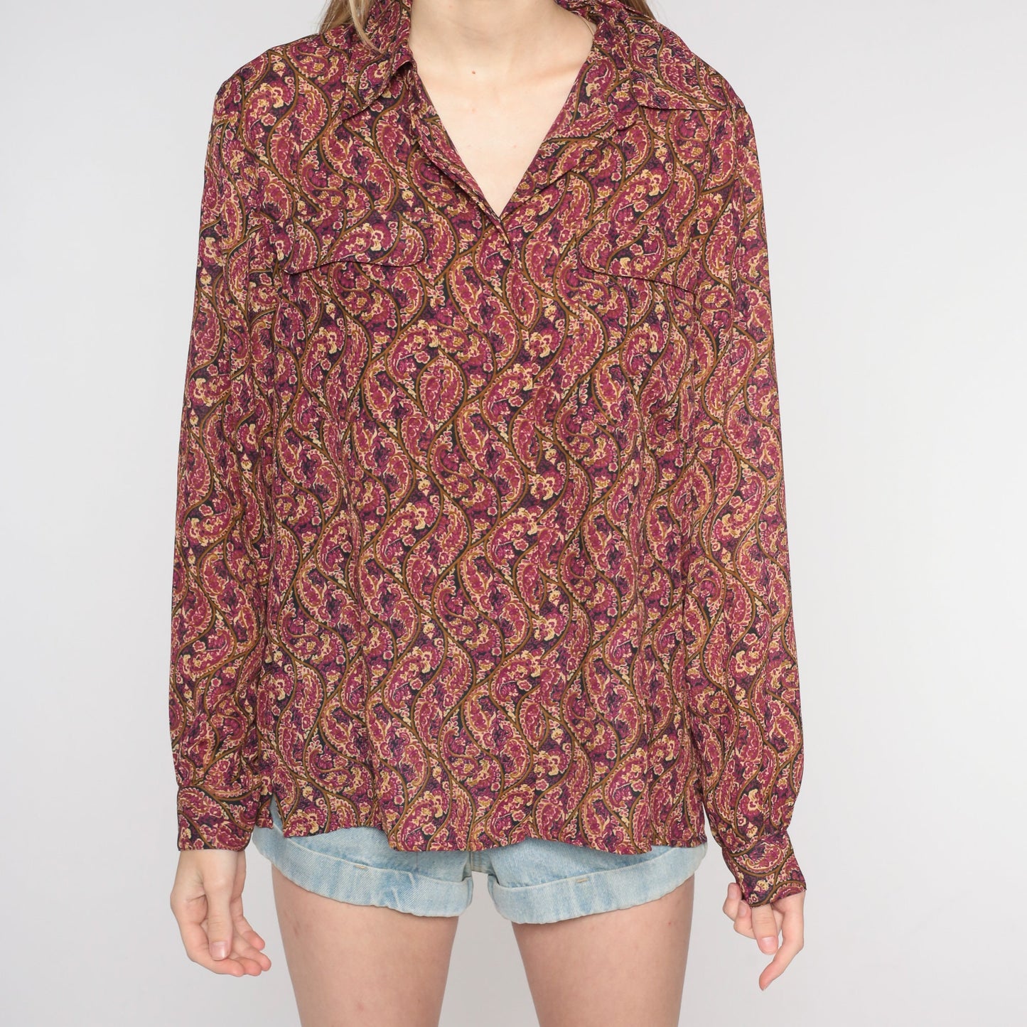 90s Paisley Button-Up Blouse Long Sleeve Purple Pink Tan Medium