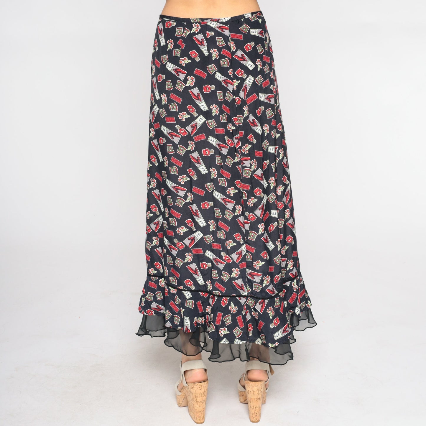 00s Wild Horse Maxi Skirt Black High Waist Ruffled Hem Small