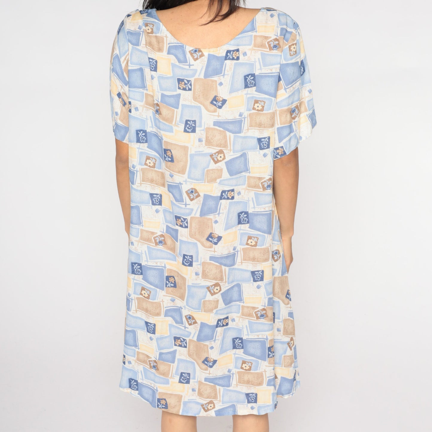 90s Checkered Floral Mini Dress Blue Tan Shift Short Sleeve Extra Large XXL