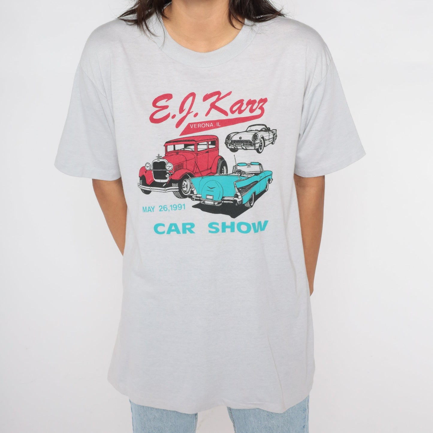 1991 EJ Karz Car Show Graphic T-Shirt Grey Single Stitch Extra Large XL