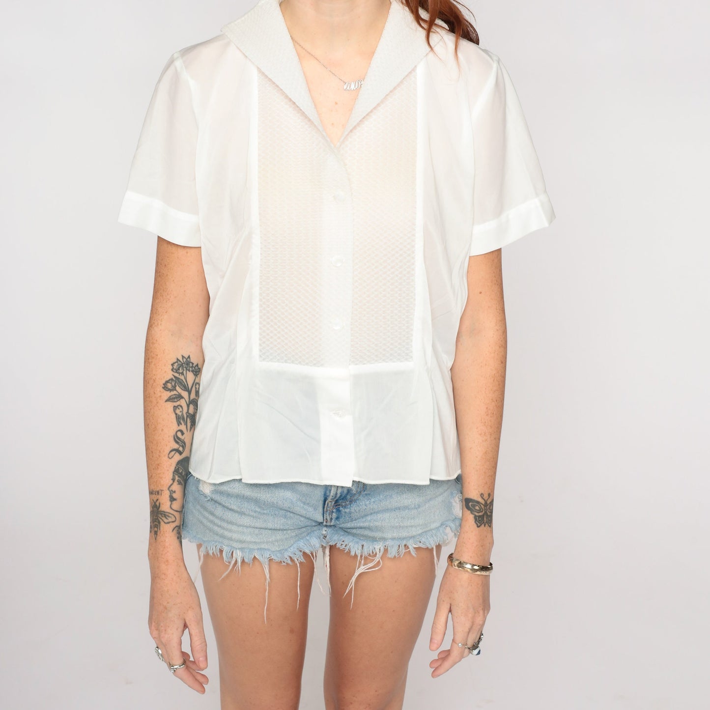 60s White Nylon Sheer Blouse Button-Up Short Sleeve Collar Top Medium