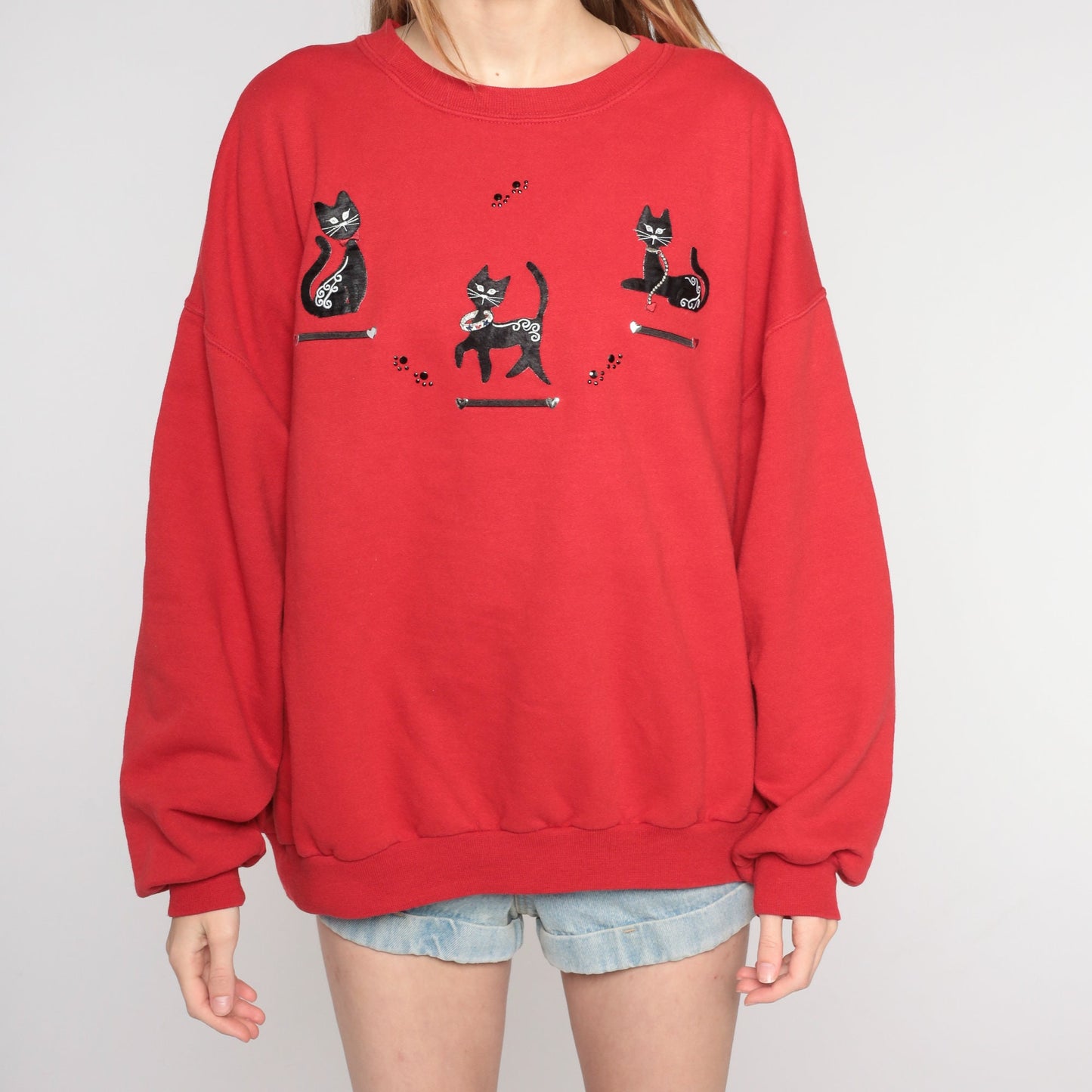90s Black Cat Rhinestone Red Sweatshirt Plus Size XXL Beaded Paw Print