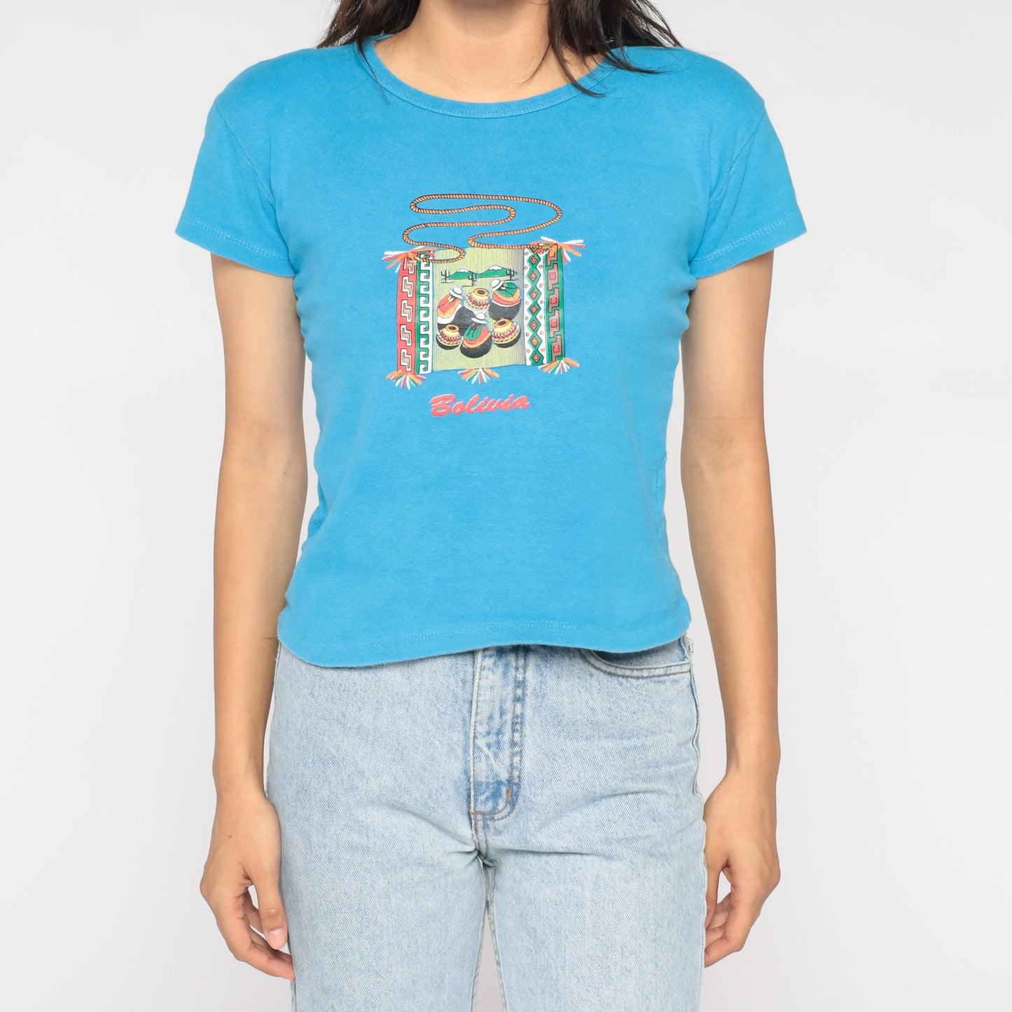 Y2K Bolivia Graphic Baby Tee Blue Bolivian Folk Art Small S