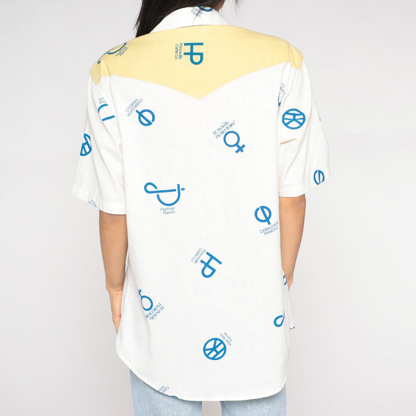 90s Reyn Spooner Cattle Brand Western Shirt White Yellow Yoke Medium