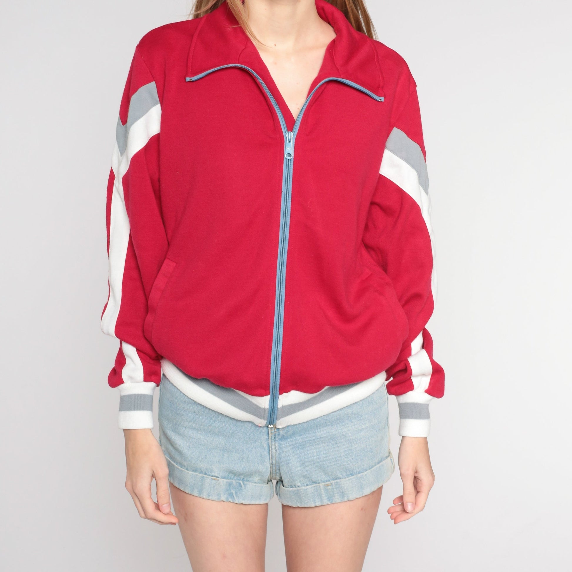 80s Red Striped Track Jacket White Stagg Zip Up Bomber Large L
