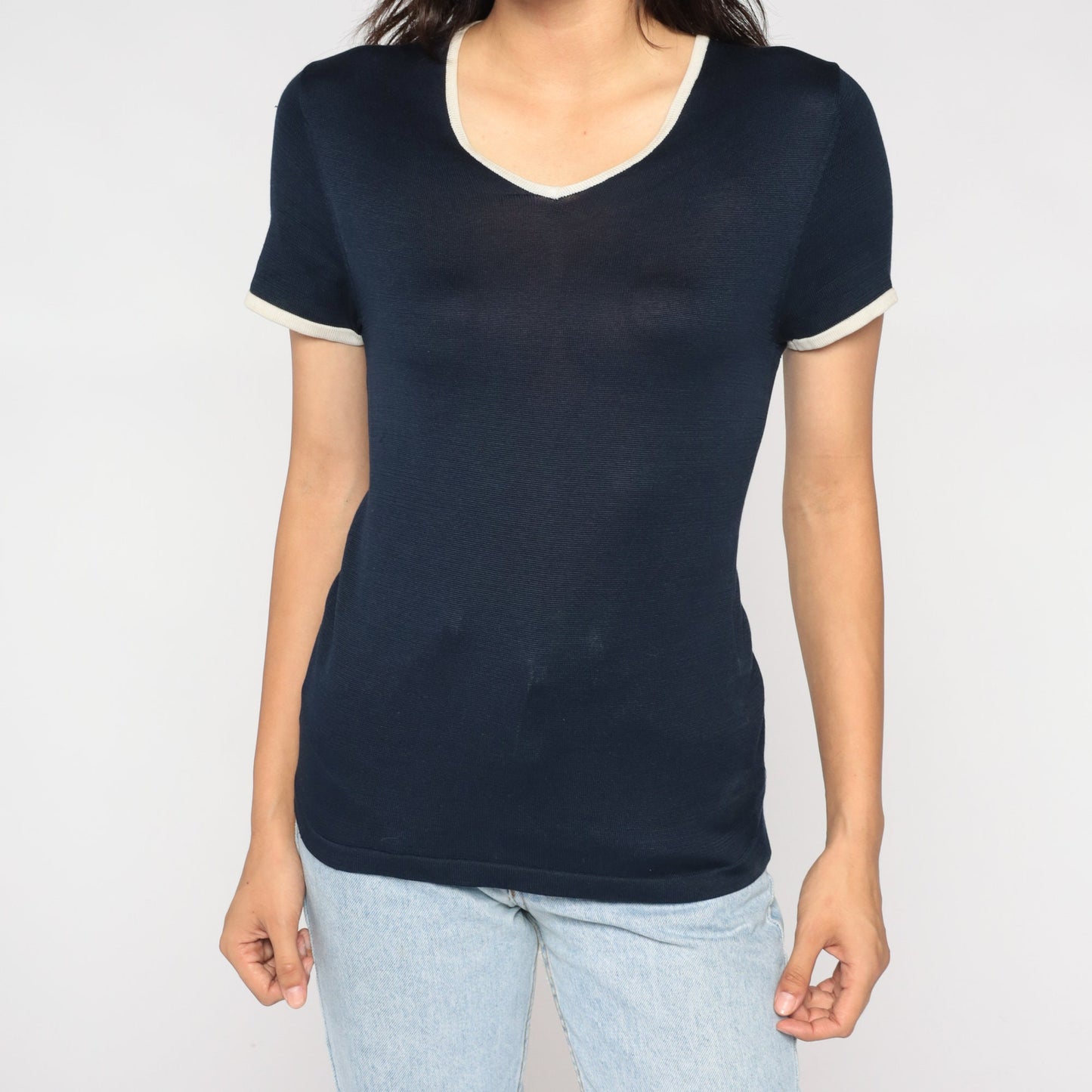 00s Navy Silk Knit Top Short Sleeve White Trim Small S