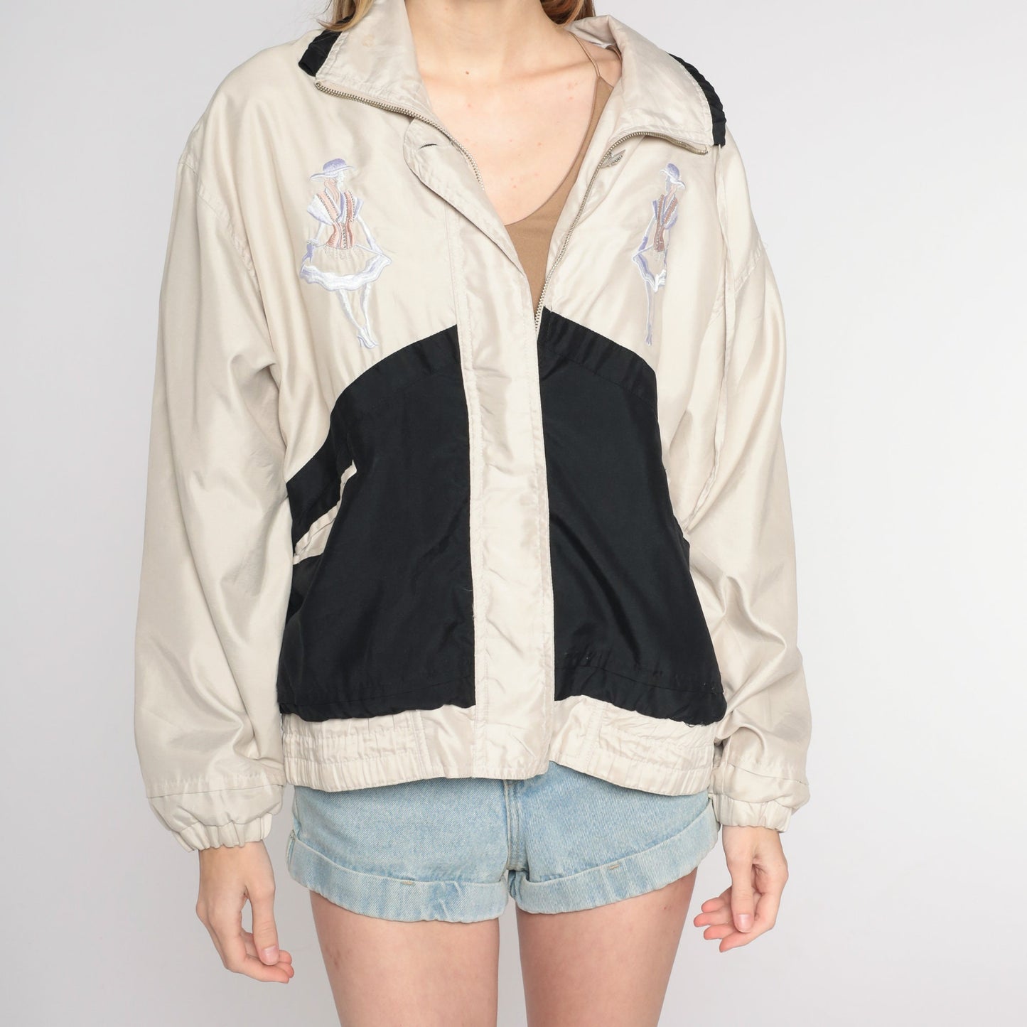 00s Windbreaker Beige Black Color Block Embroidered Ladies Zip Jacket Large L