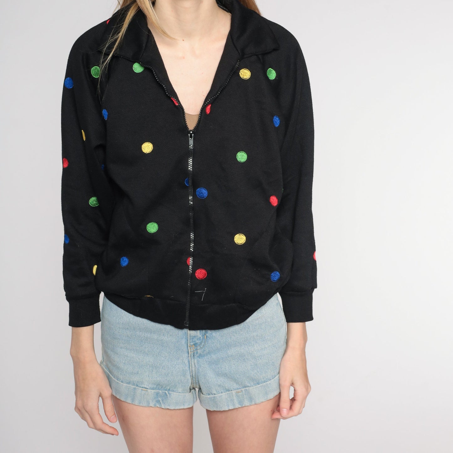 Y2K Black Polka Dot Zip-Up Windbreaker Jacket Small S