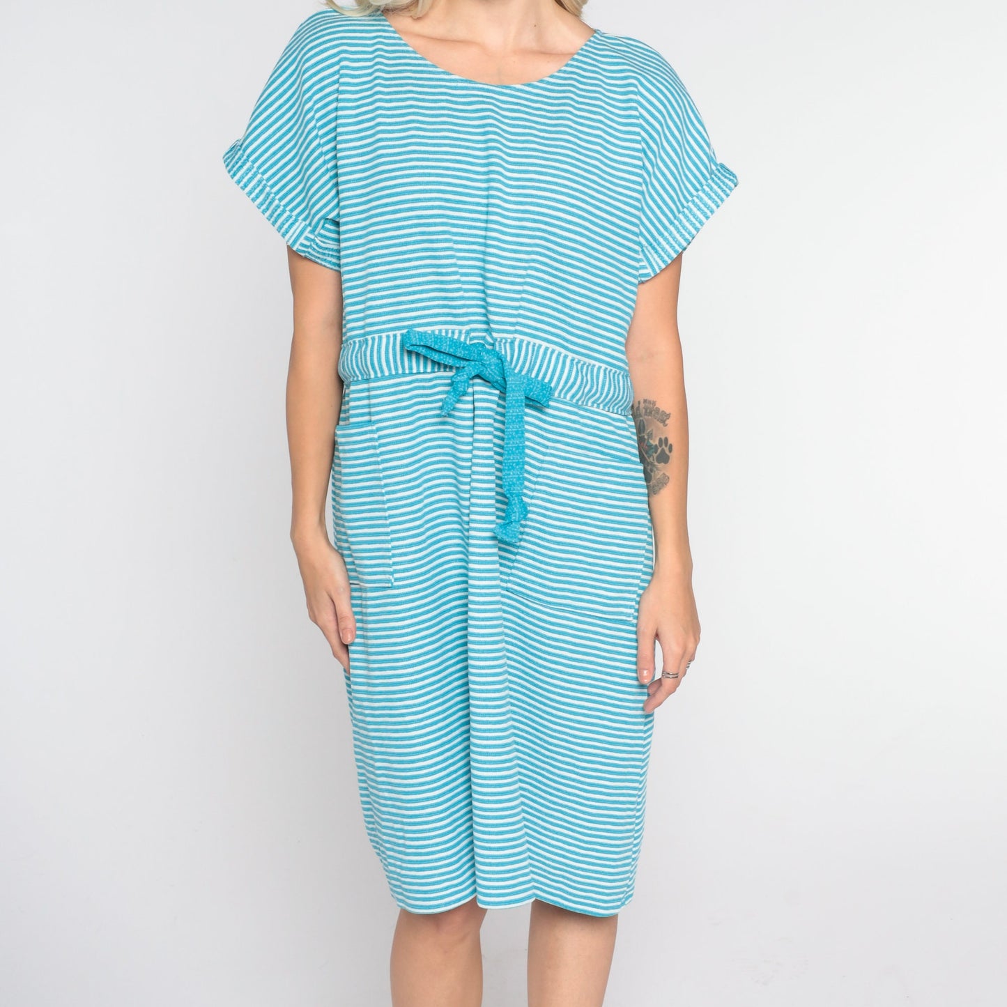 70s Blue White Striped Shift Dress Drawstring Waist Mini Short Sleeve Large