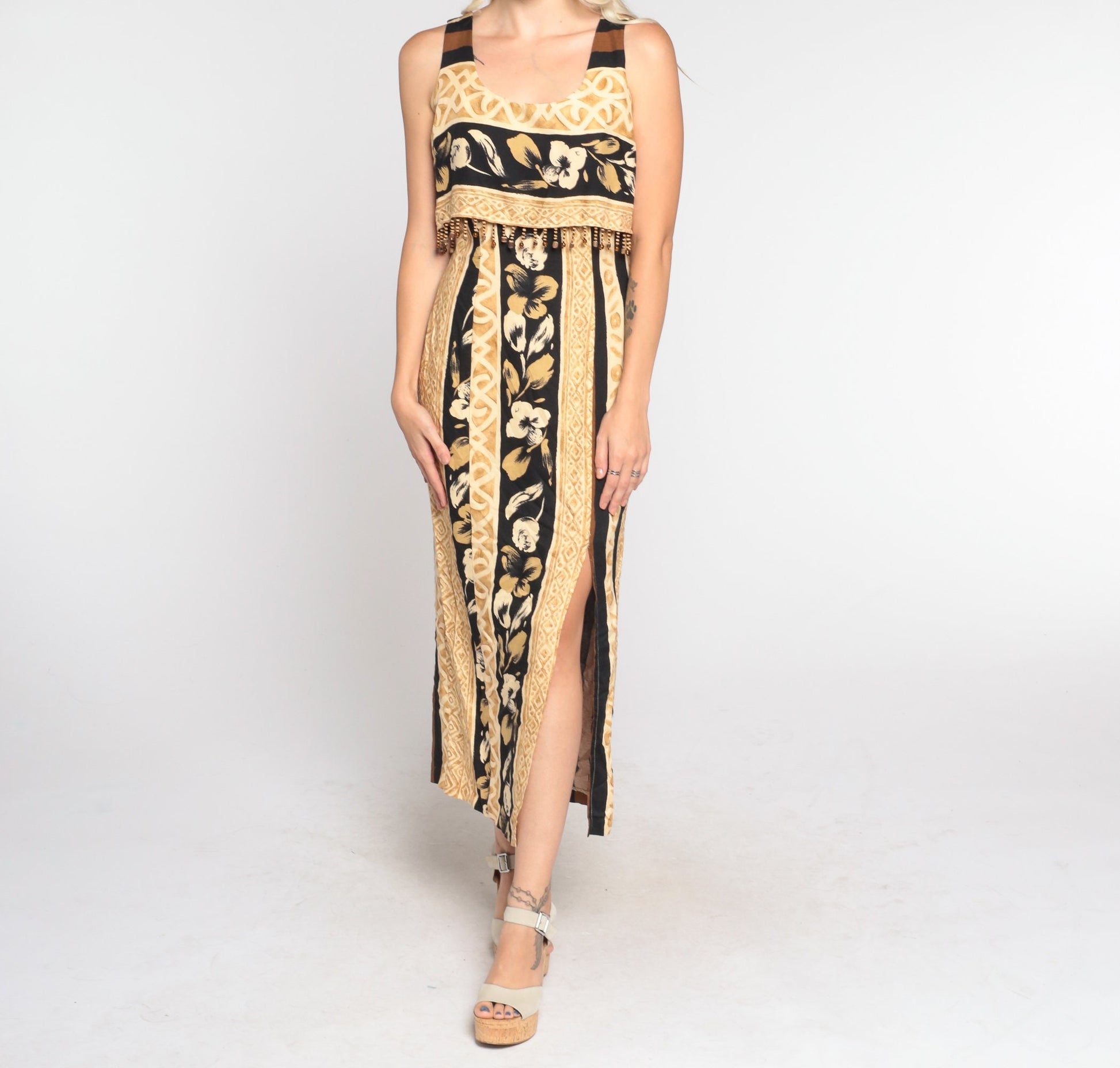 90s Tropical Floral Midi Dress Beaded Bodice Front Slit Sleeveless Extra Small