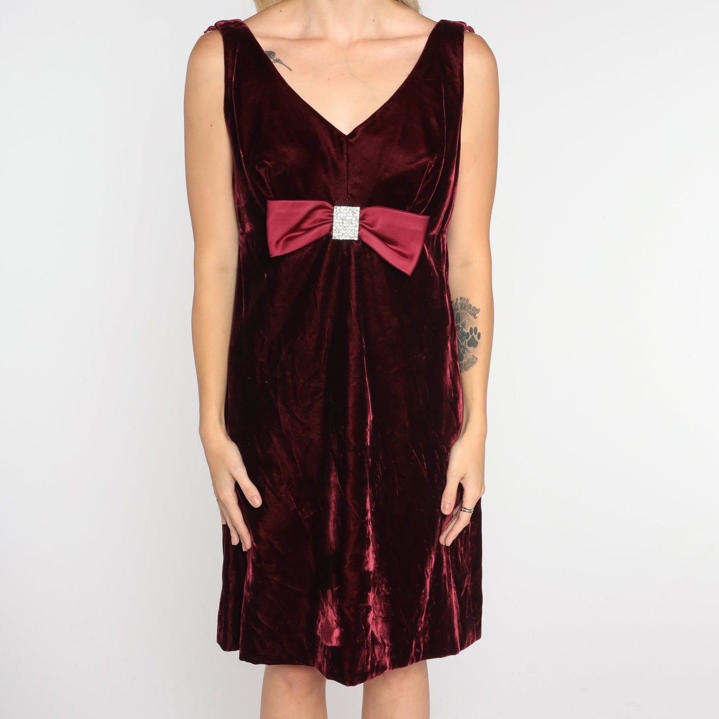 60s Red Velvet Mini Dress Rhinestone Bow V Neck Low Back Small