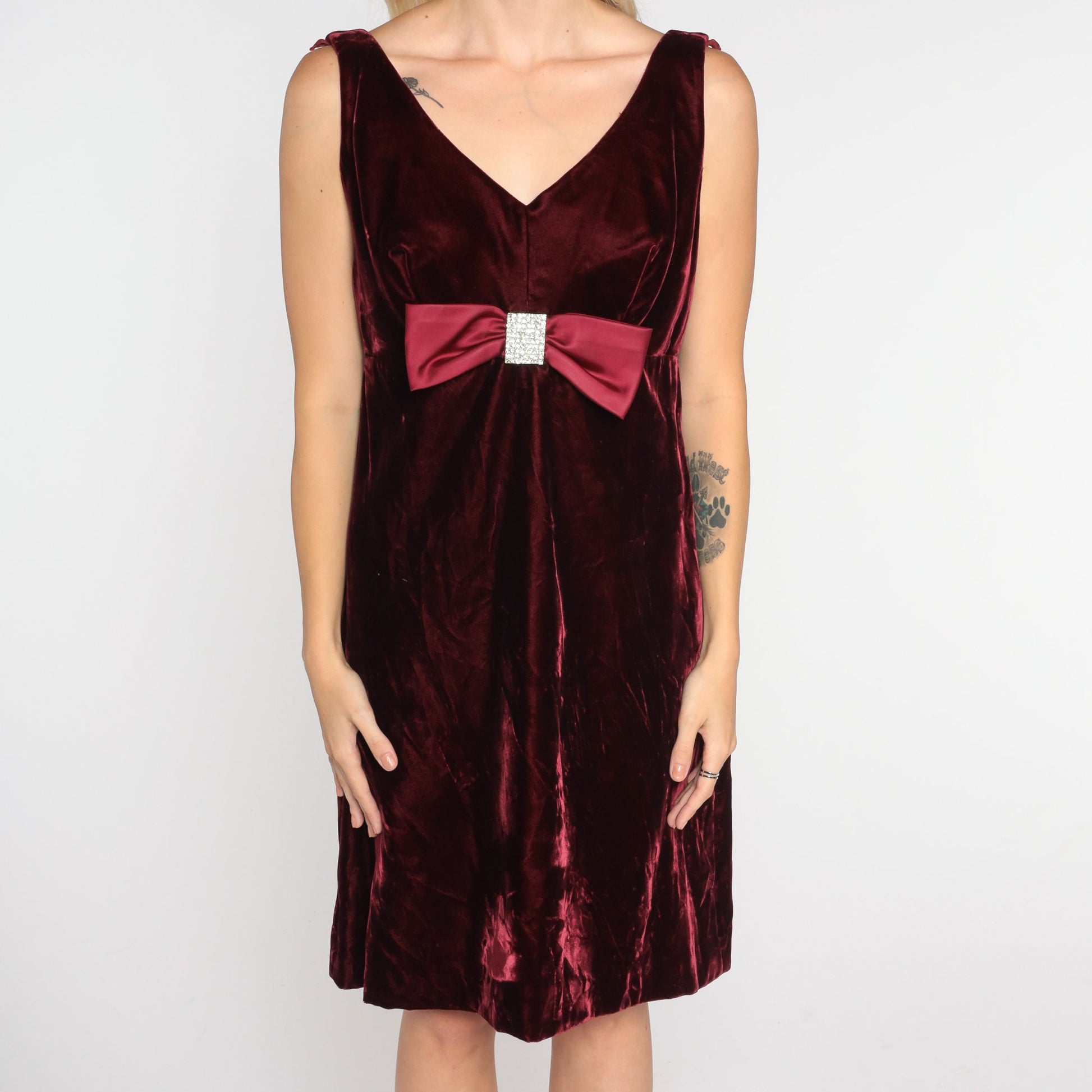 60s Red Velvet Mini Dress Rhinestone Bow V Neck Low Back Small