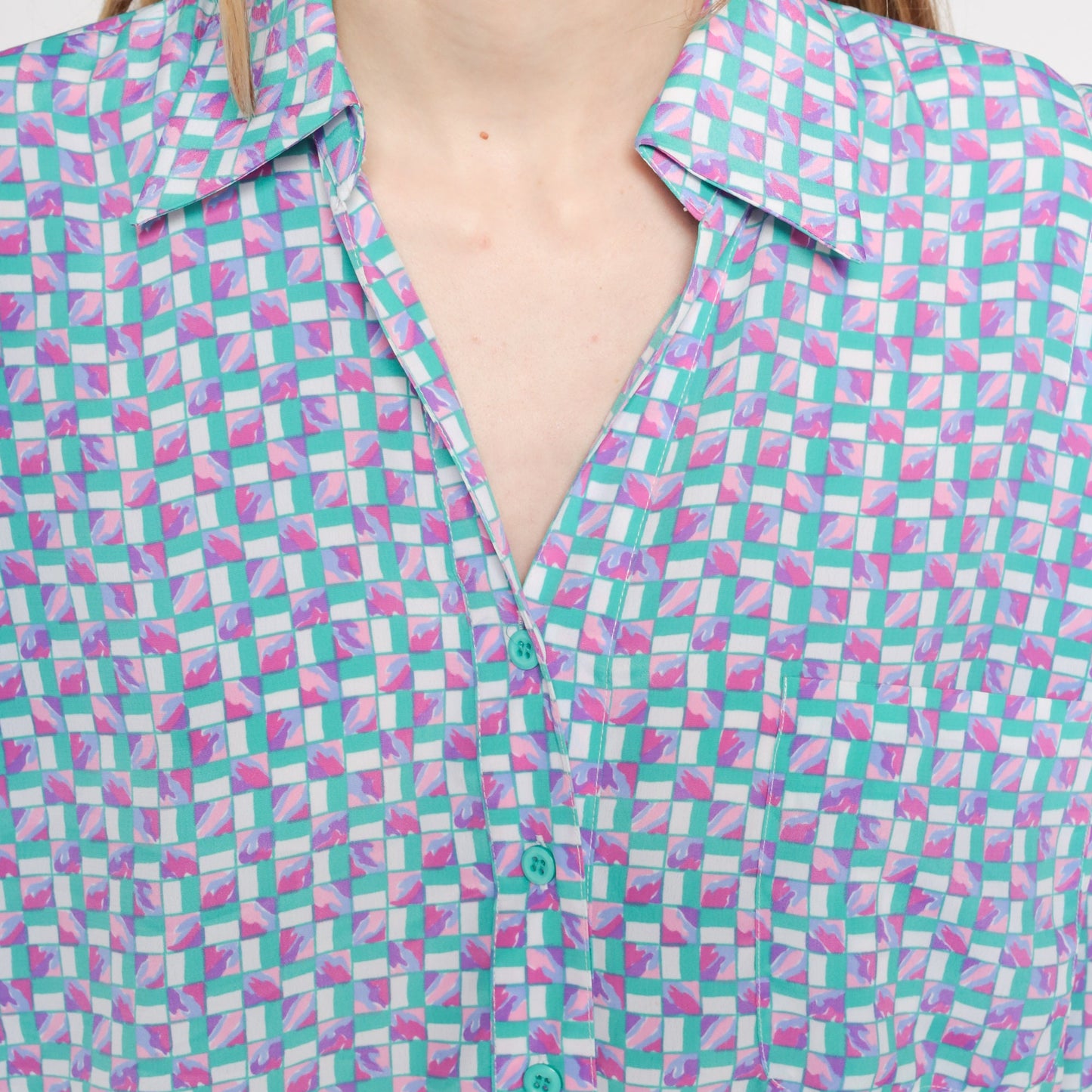 90s Checkered Button-Up Shirtdress Green Pink Knee Length Large