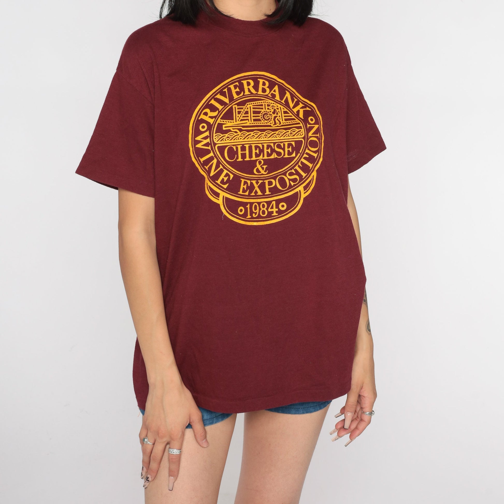 1984 Riverbank Wine & Cheese Exposition Graphic T-Shirt Burgundy Large