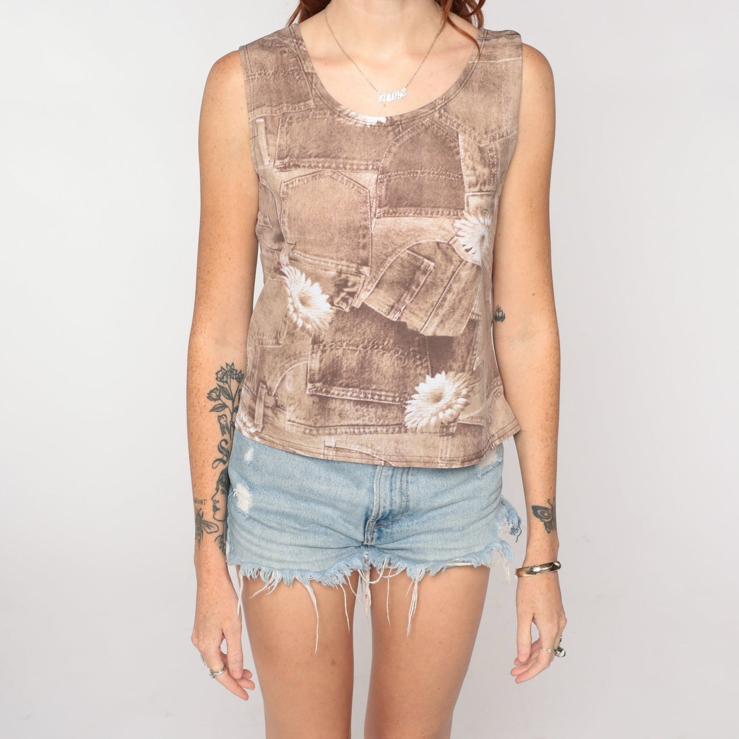 90s Floral Denim Patchwork Tank Top Brown Sleeveless Blouse Small