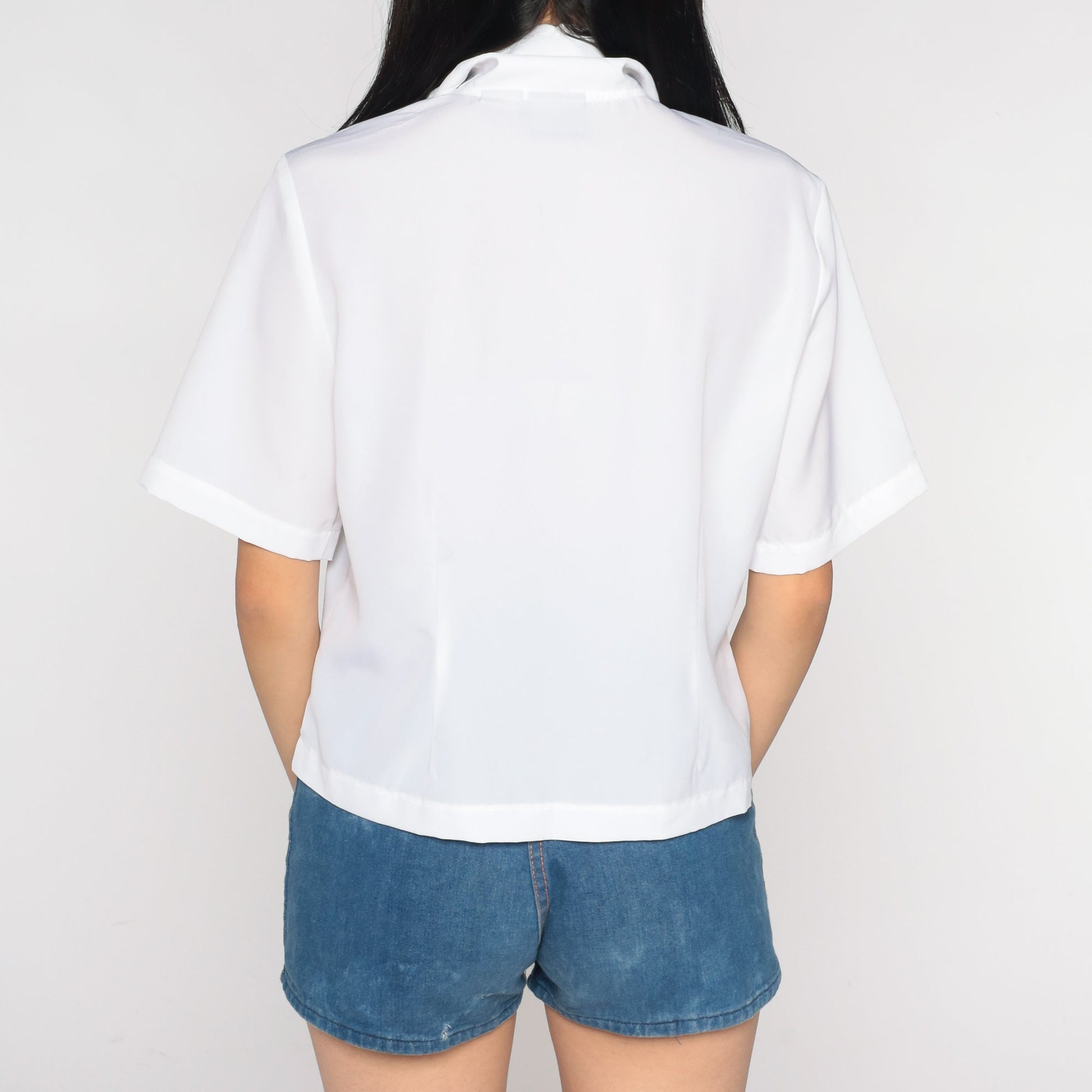 80s White Floral Embroidered Blouse Short Sleeve Collared Button Up Medium