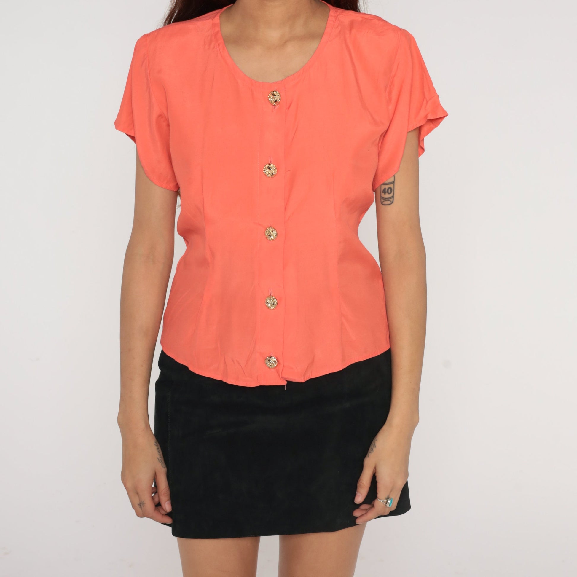90s Anxiety Peach Button-Up Blouse Short Sleeve Golden Buttons Small S