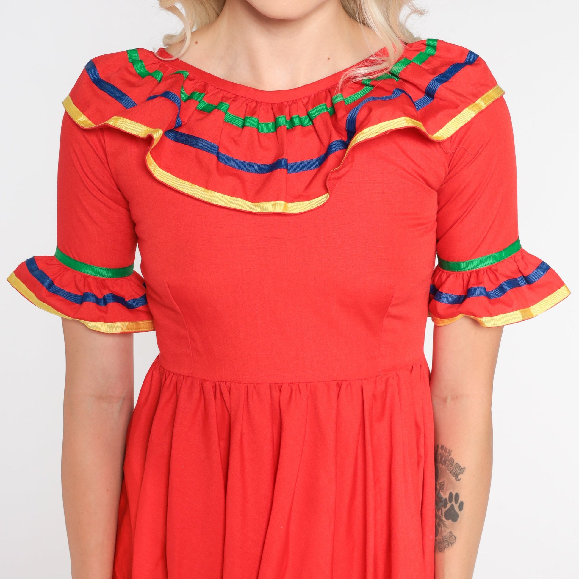 80s Red Prairie Midi Dress High Waisted Tiered Ruffled Short Sleeve Extra Small