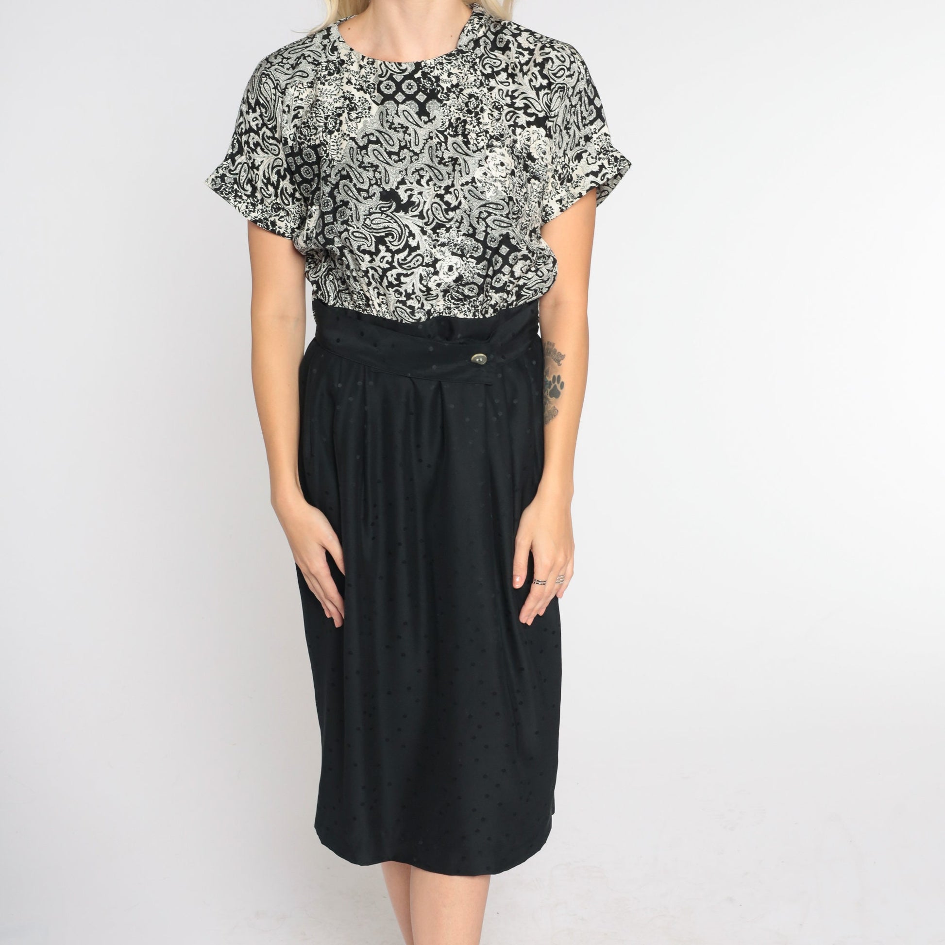 90s Black White Silk Midi Pencil Dress Abstract Floral Paisley Print Small 6