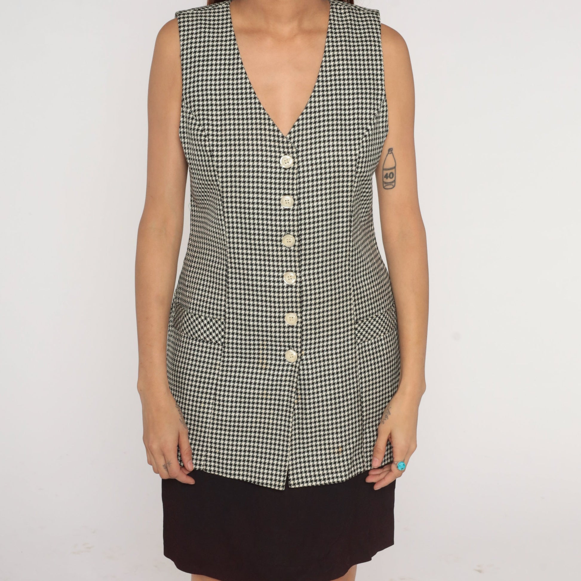 90s Houndstooth Mini Dress with Attached Vest Black White Checkered Small S