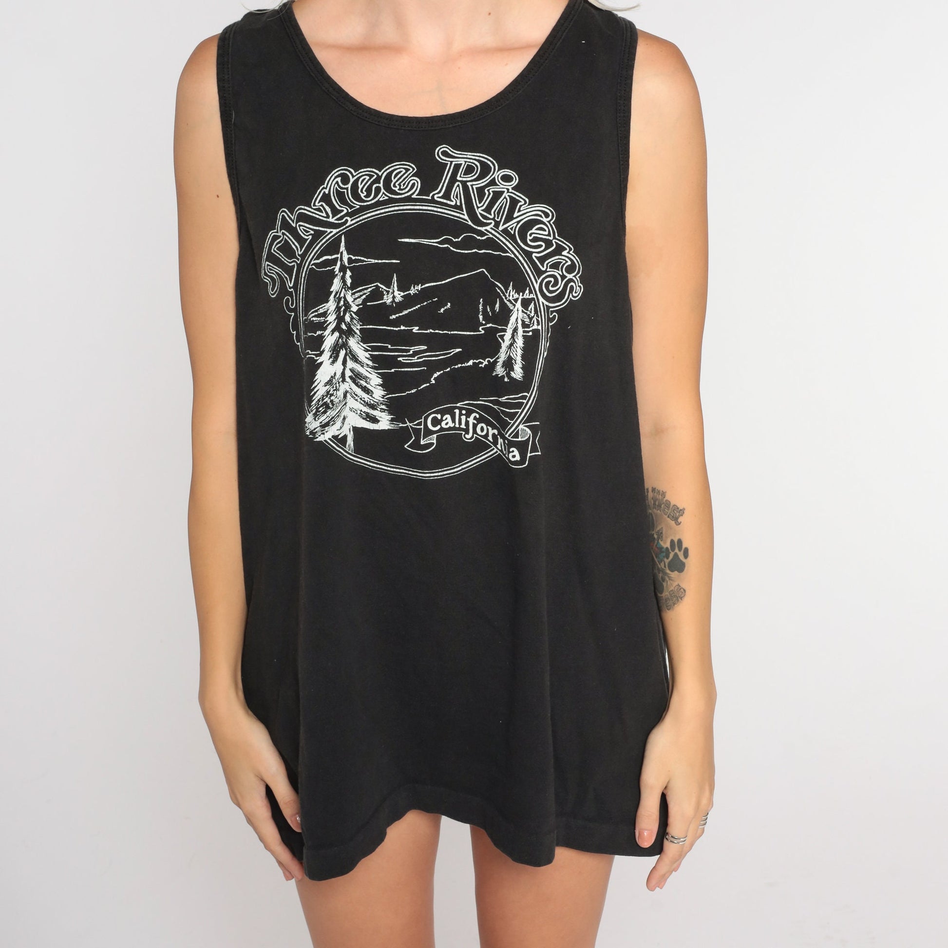 90s Three Rivers California Tank Top Forest Graphic Black Cotton Extra Large