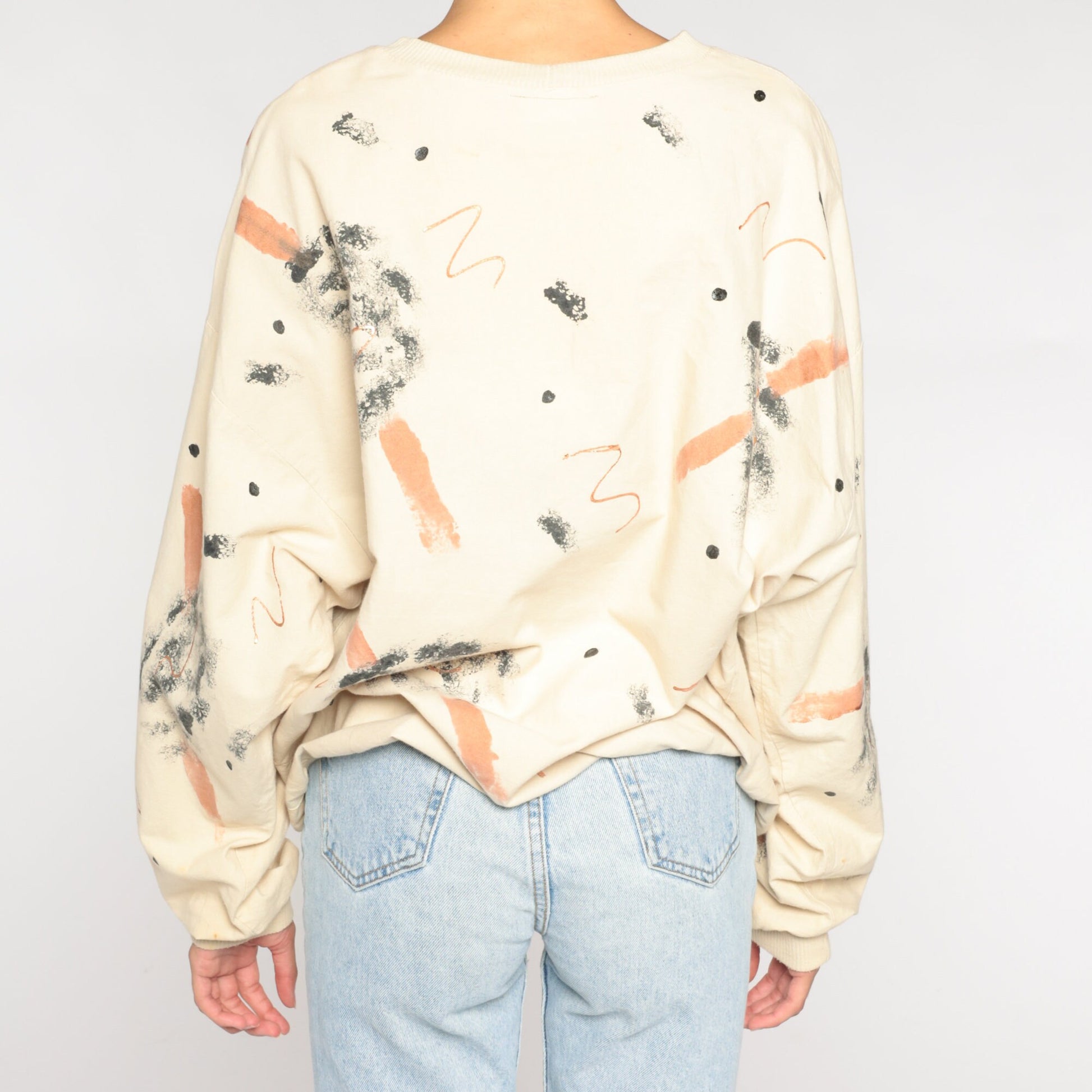 80s Animal Print Abstract Brushstroke Long Sleeve Shirt Cream Cotton Large