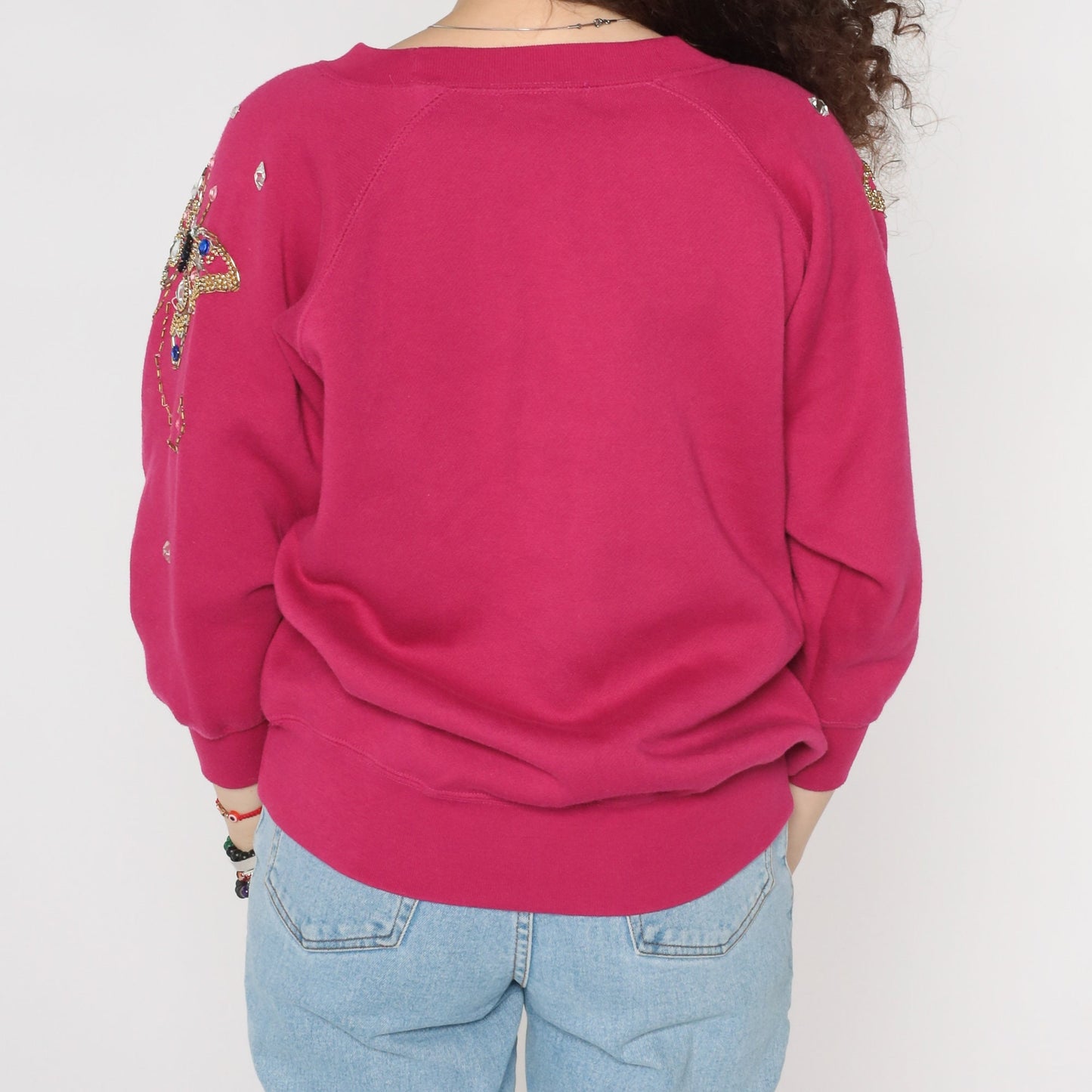 90s Beaded Butterfly Sweatshirt Fuchsia Pink Raglan Gem Embellished Small