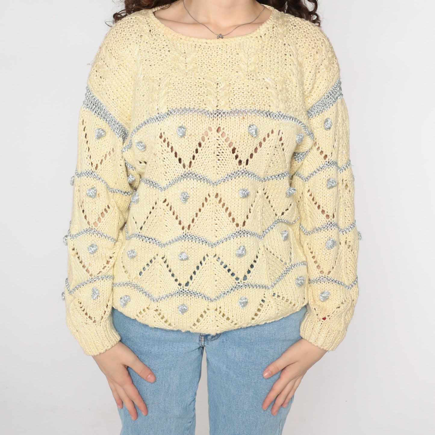 80s Metallic Cream Sweater Silver Sheer Pointelle Knit Cable Medium