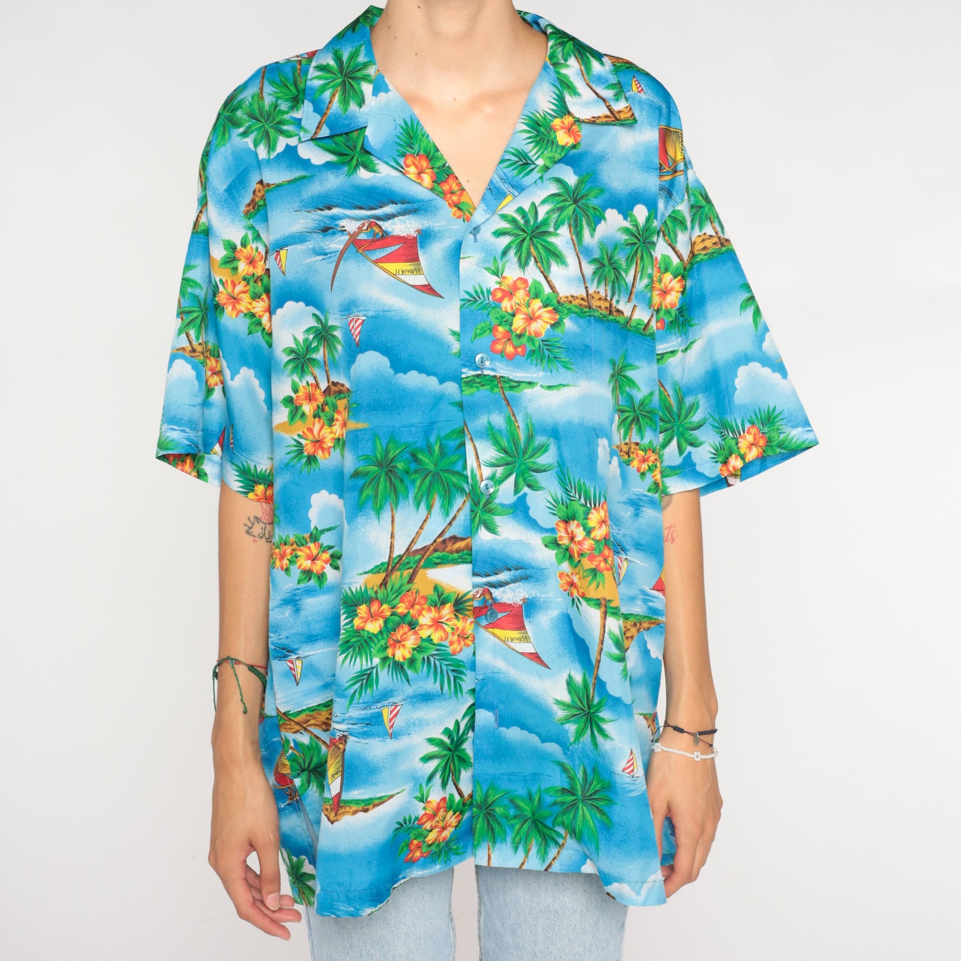 90s Blue Hawaiian Shirt Sailboat Palm Tree Print Button Up Mens XXL