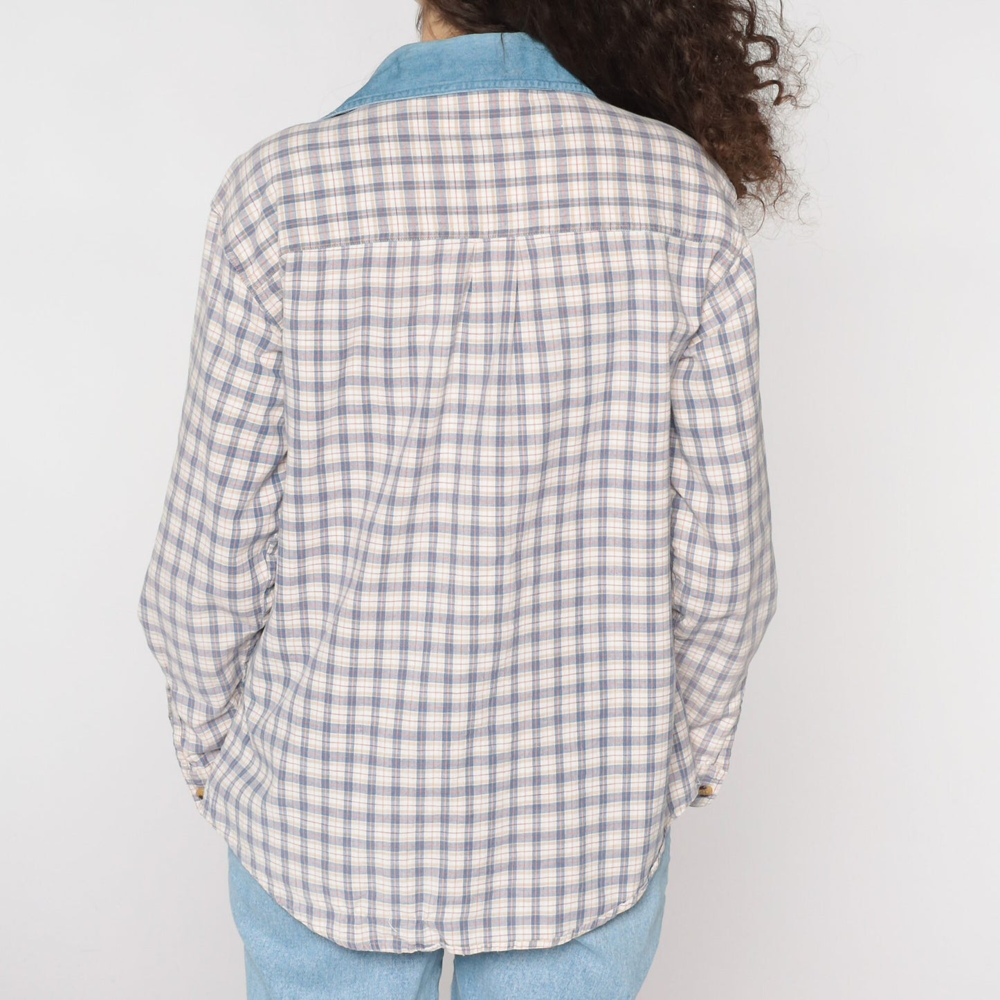 90s Plaid Floral Mushroom Embroidered Button Up Blouse Denim Collar Medium