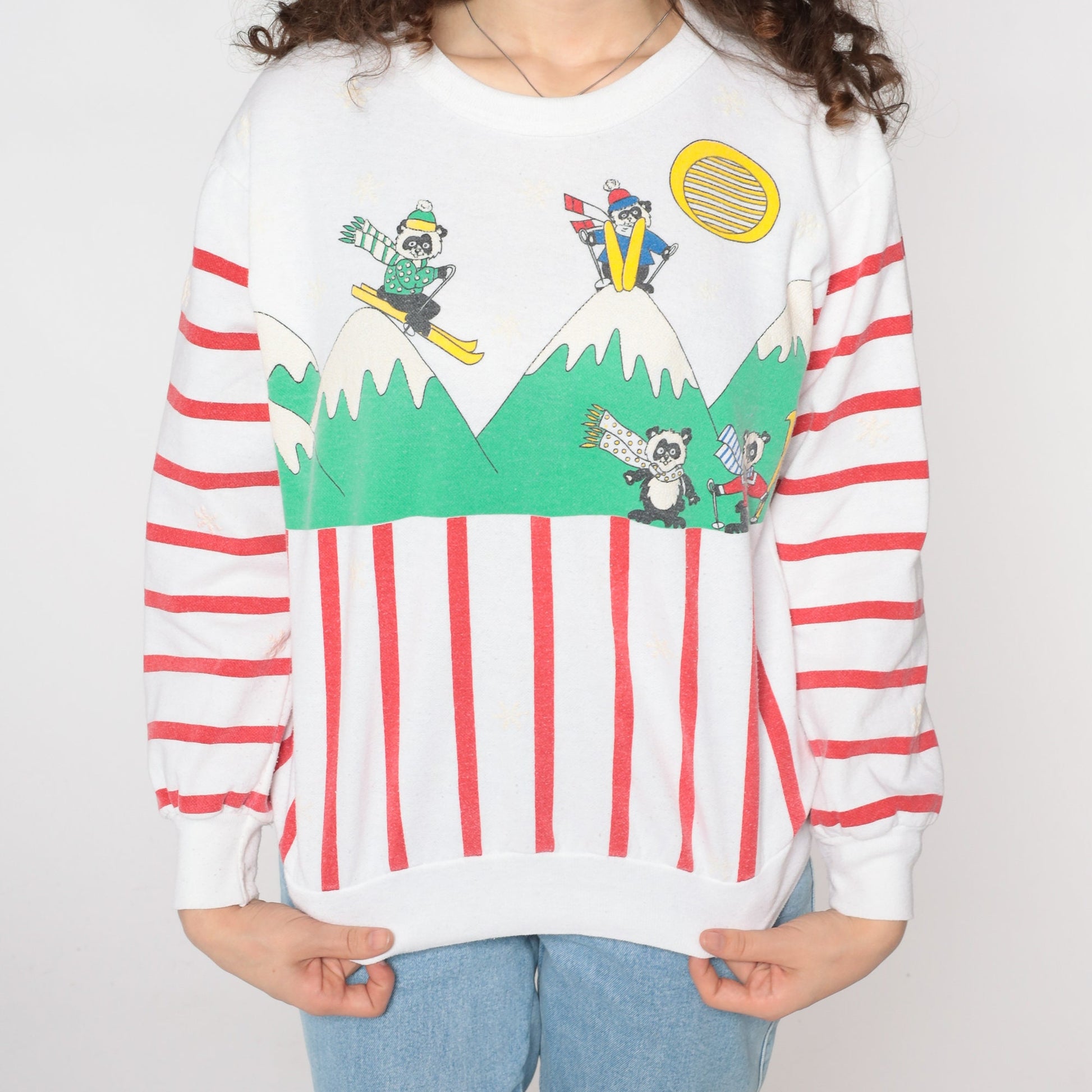 80s Skiing Panda Bear Graphic Sweatshirt White Striped Crewneck Large