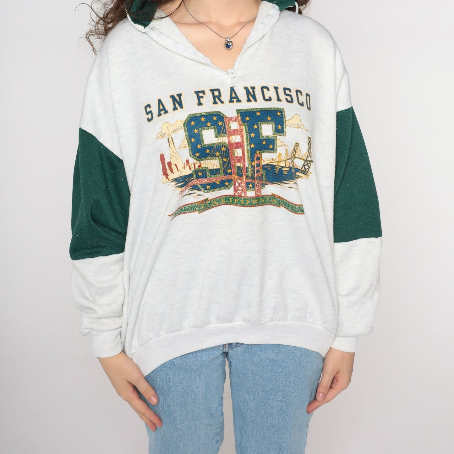 90s San Francisco Golden Gate Bridge Quarter Zip Sweatshirt Grey Large L