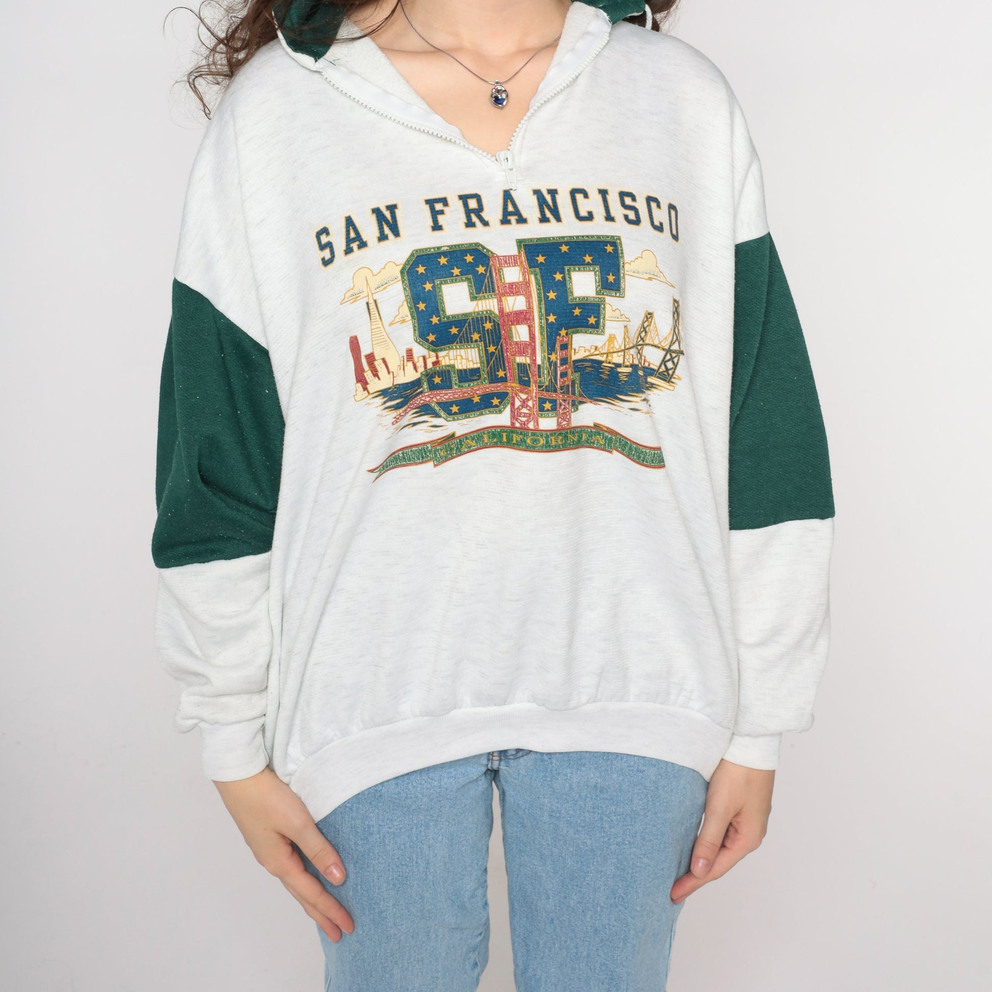 90s San Francisco Golden Gate Bridge Quarter Zip Sweatshirt Grey Large L