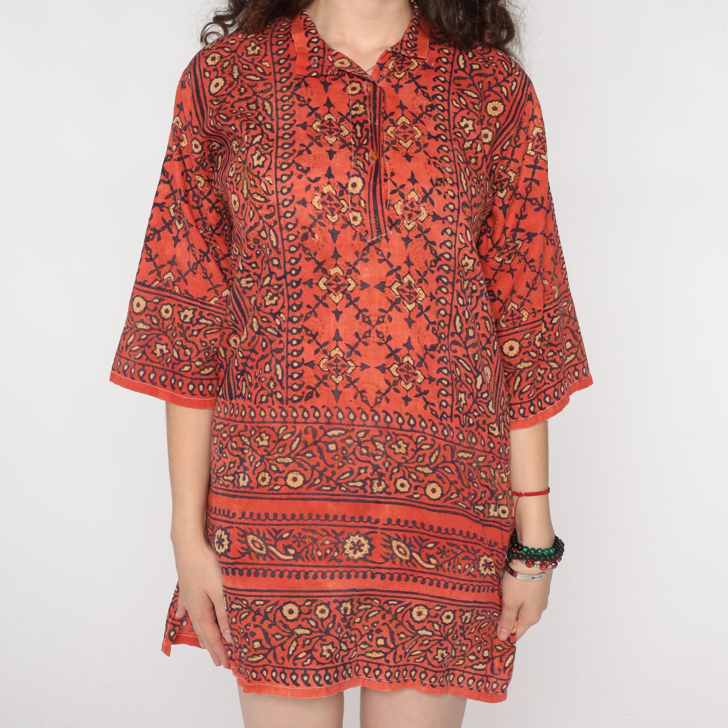 80s Floral Orange Blue Gold Tunic Dress Sheer Button Up Small