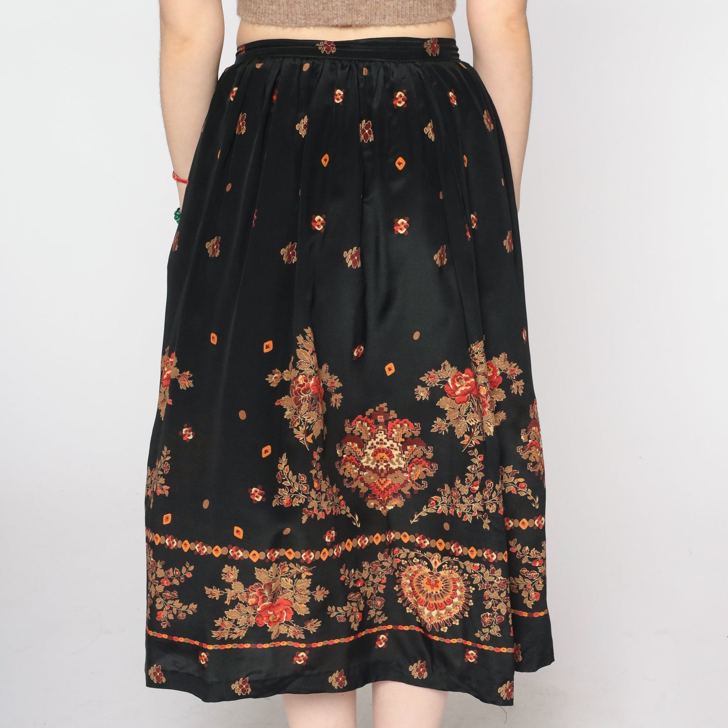 90s Black Silk Floral Midi Skirt High Waist Small 6